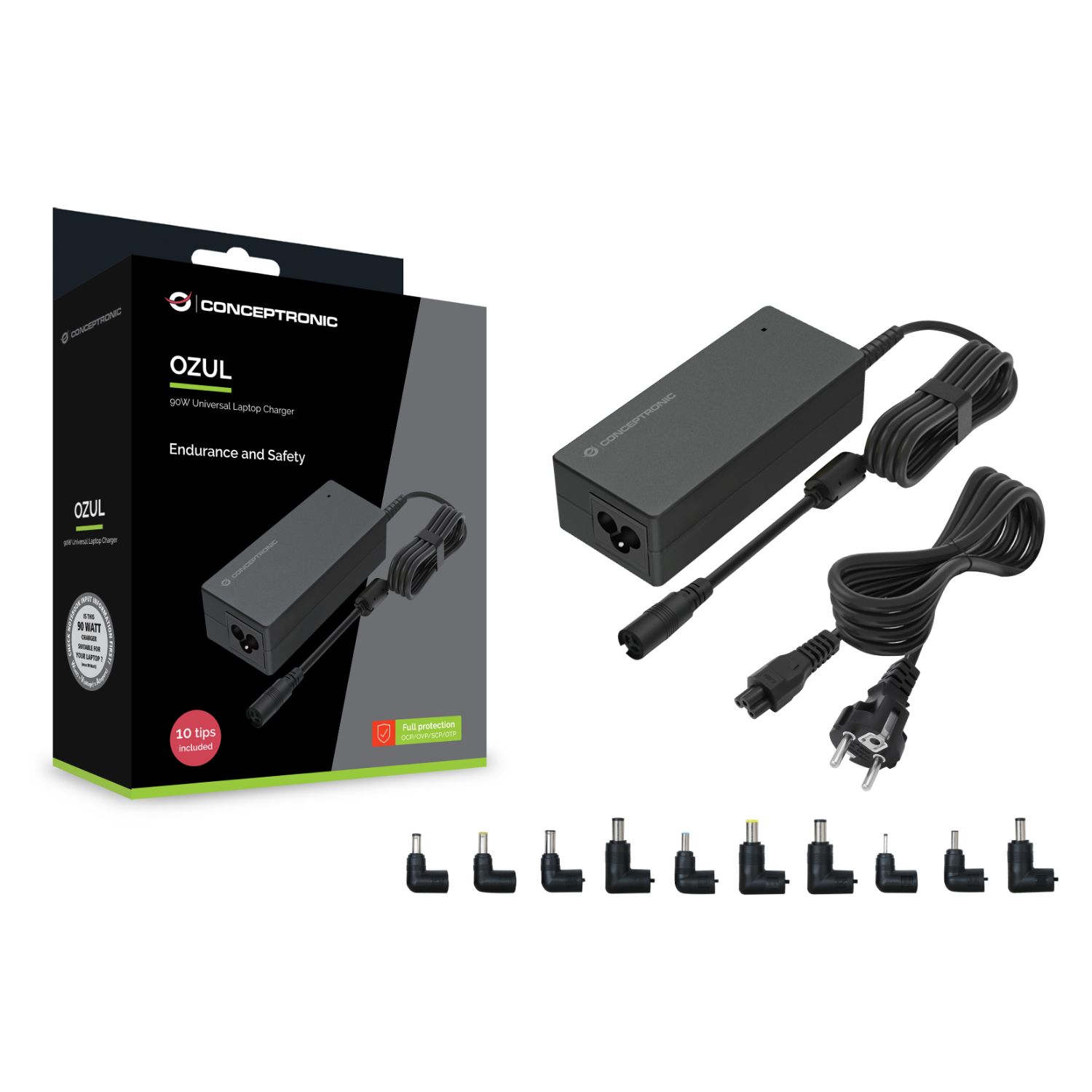 OZUL08B10 - Cargador Conceptronic para port�til 90W 15-20V con diez conectores intercambiables incluidos. (OZUL08B10)