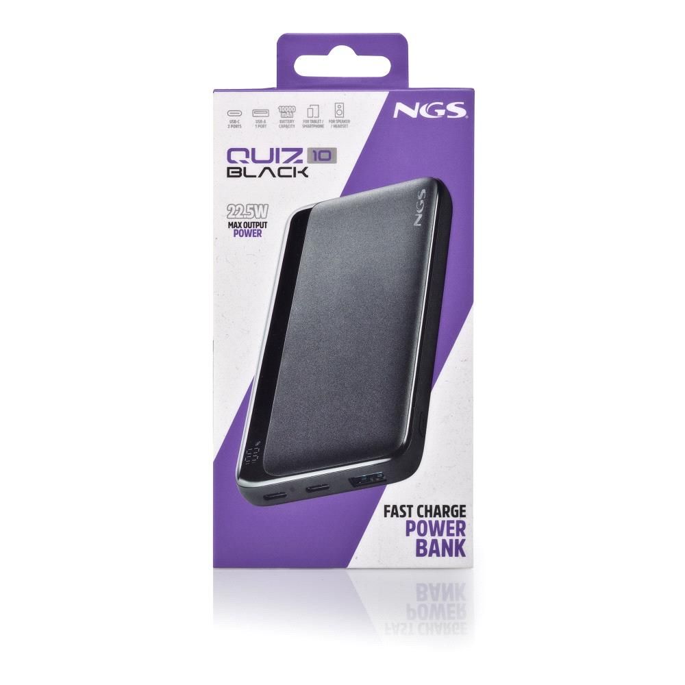 QUIZ10 - PowerBank NGS 10000mAh, carga r�pida PD2.0 22.5w, entrada 2Usb-C, salida Usb-C Usb-A, Negro. (QUIZ10)