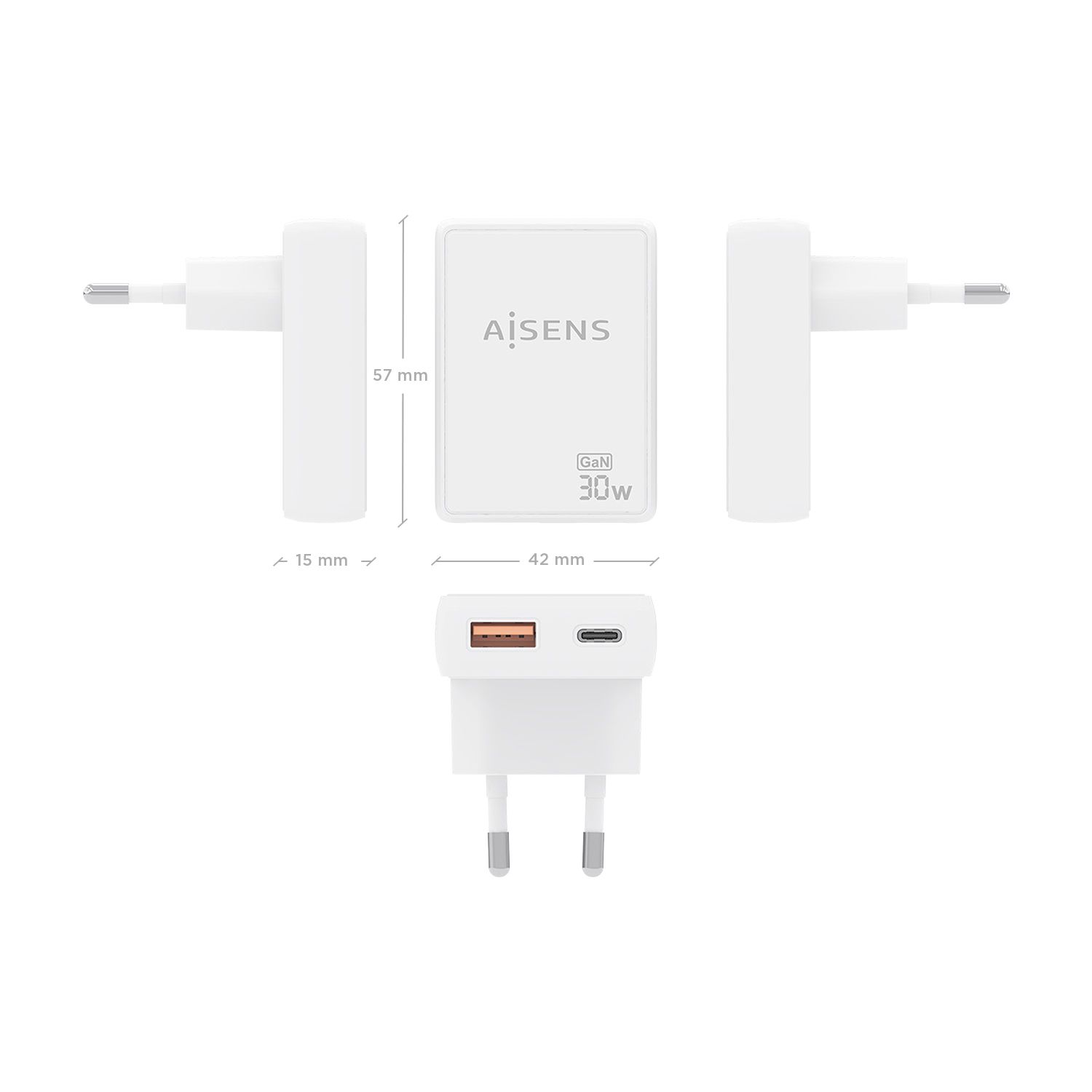 ASCH-30W2P074-W - Cargador de Pared AISENS GaN 30W PD 3.0 QC 3.0 1xUSB-A 1xUSB-C Blanco (ASCH-30W2P074-W)