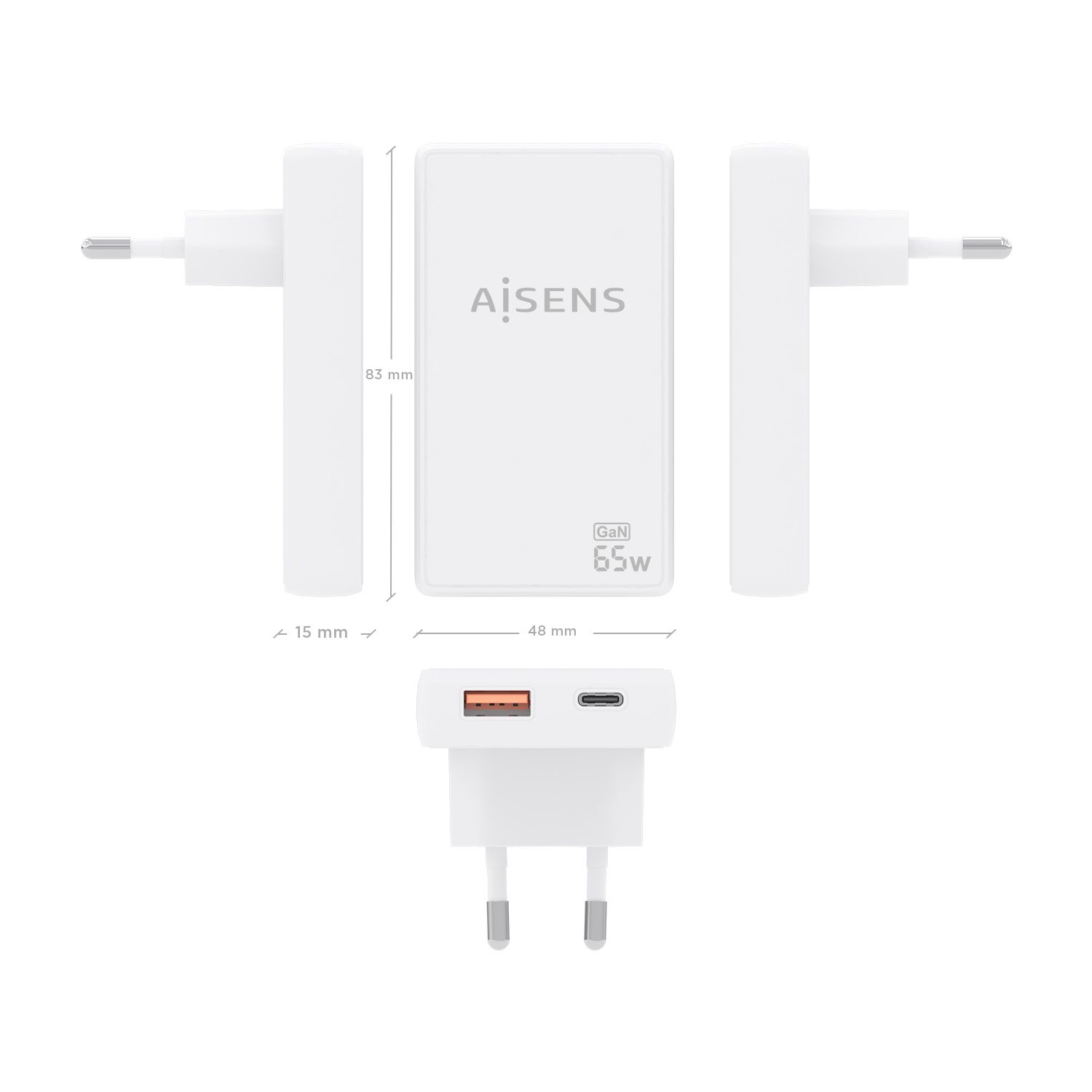 ASCH-65W2P076-W - Cargador de Pared AISENS GaN 65W PD 3.0 QC 3.0 1xUSB-A 1xUSB-C Blanco (ASCH-65W2P076-W)