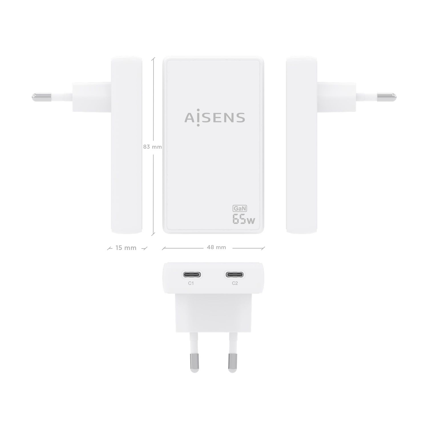 ASCH-65W2P077-W - Cargador de Pared AISENS GaN 65W PD 3.0 QC 3.0 2xUSB-C Blanco (ASCH-65W2P077-W)