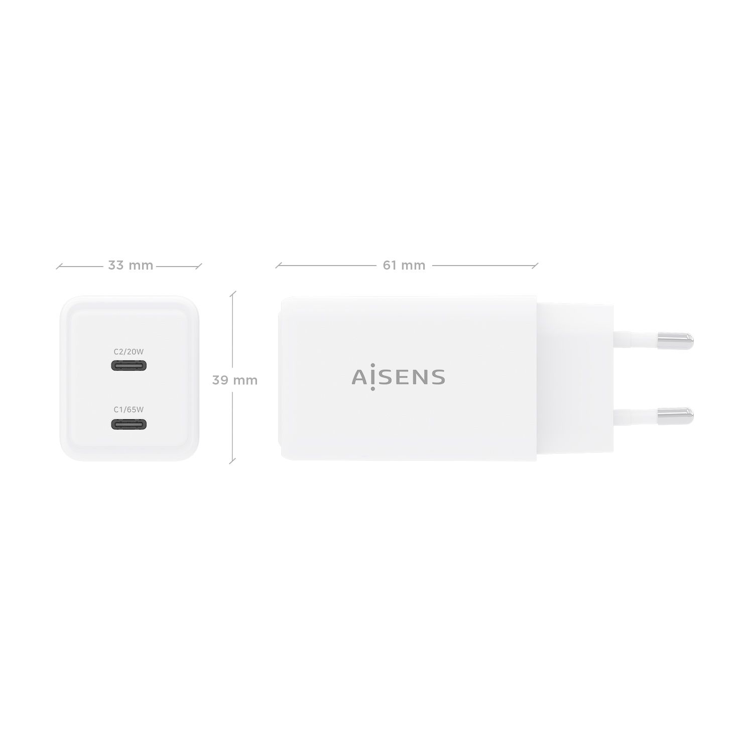 ASCH-65W2P078-W - Cargador de Pared AISENS GaN 65W PD 3.0 QC 3.0 2xUSB-C Blanco (ASCH-65W2P078-W)