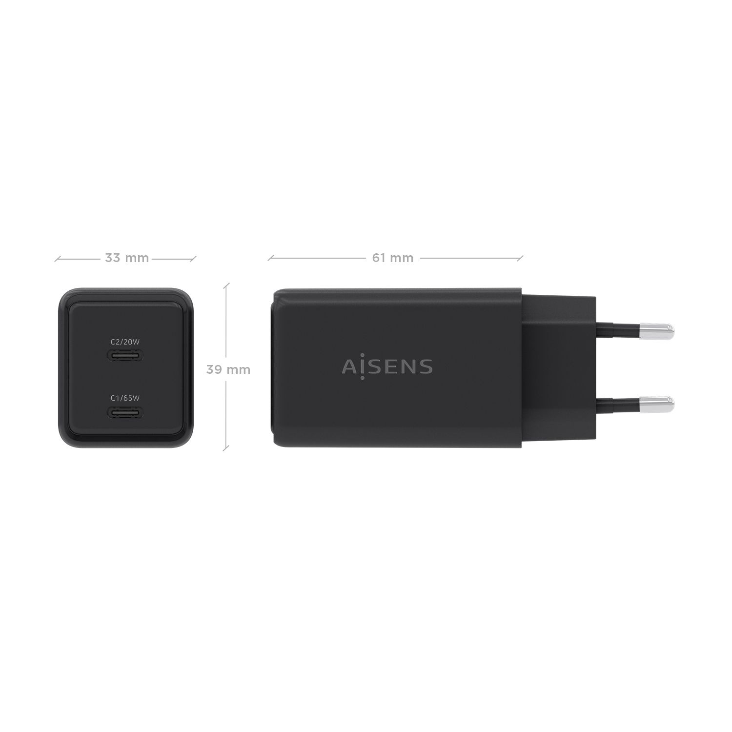 ASCH-65W2P079-BK - Cargador de Pared AISENS GaN 65W PD 3.0 QC 3.0 2xUSB-C Negro (ASCH-65W2P079-BK)