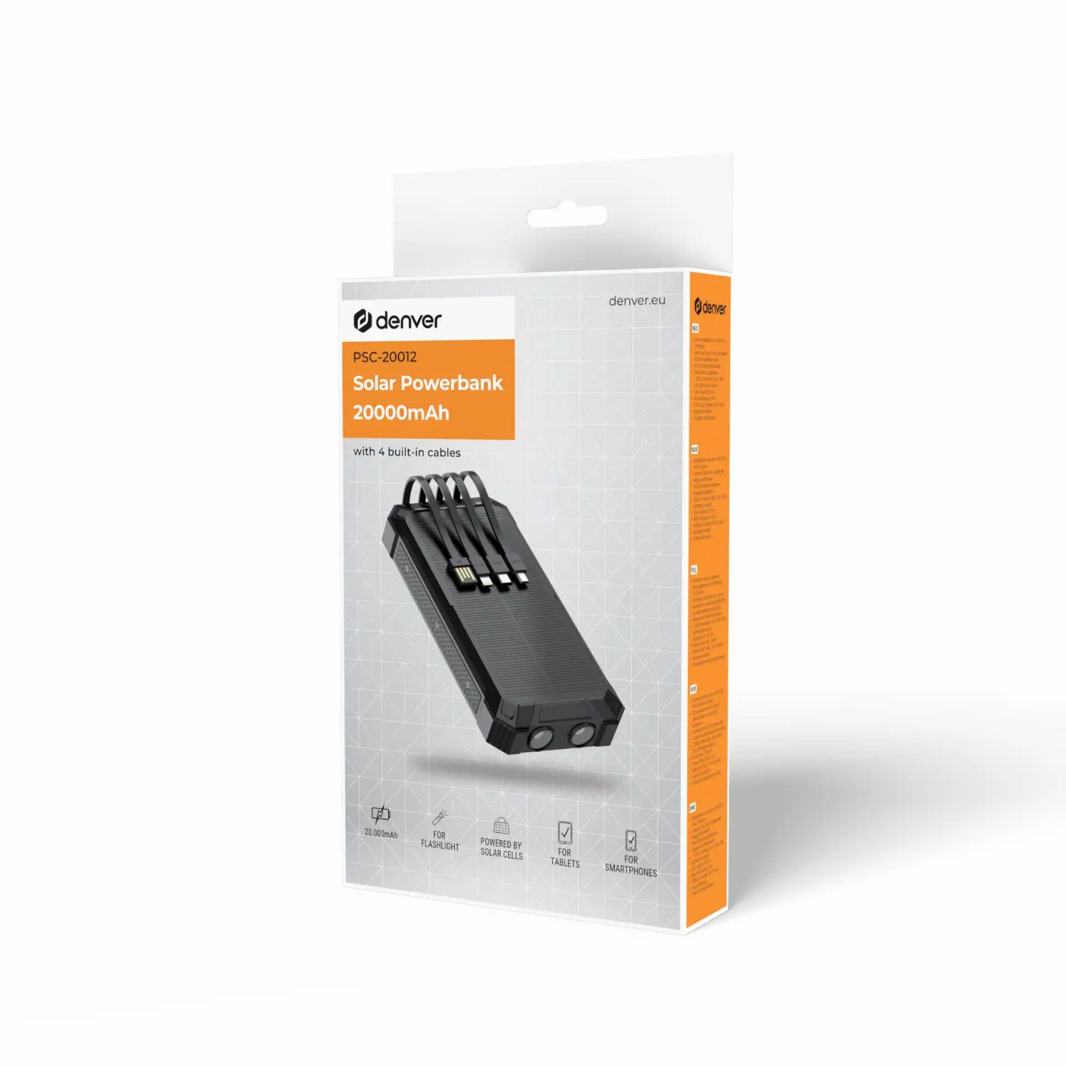 PSC-20012 - PowerBank DENVER 20000mAh USB-A/USB-C/mUSB/Lightning Carga Solar inal�mbrica 5W Linterna LED Negro (PSC-20012)