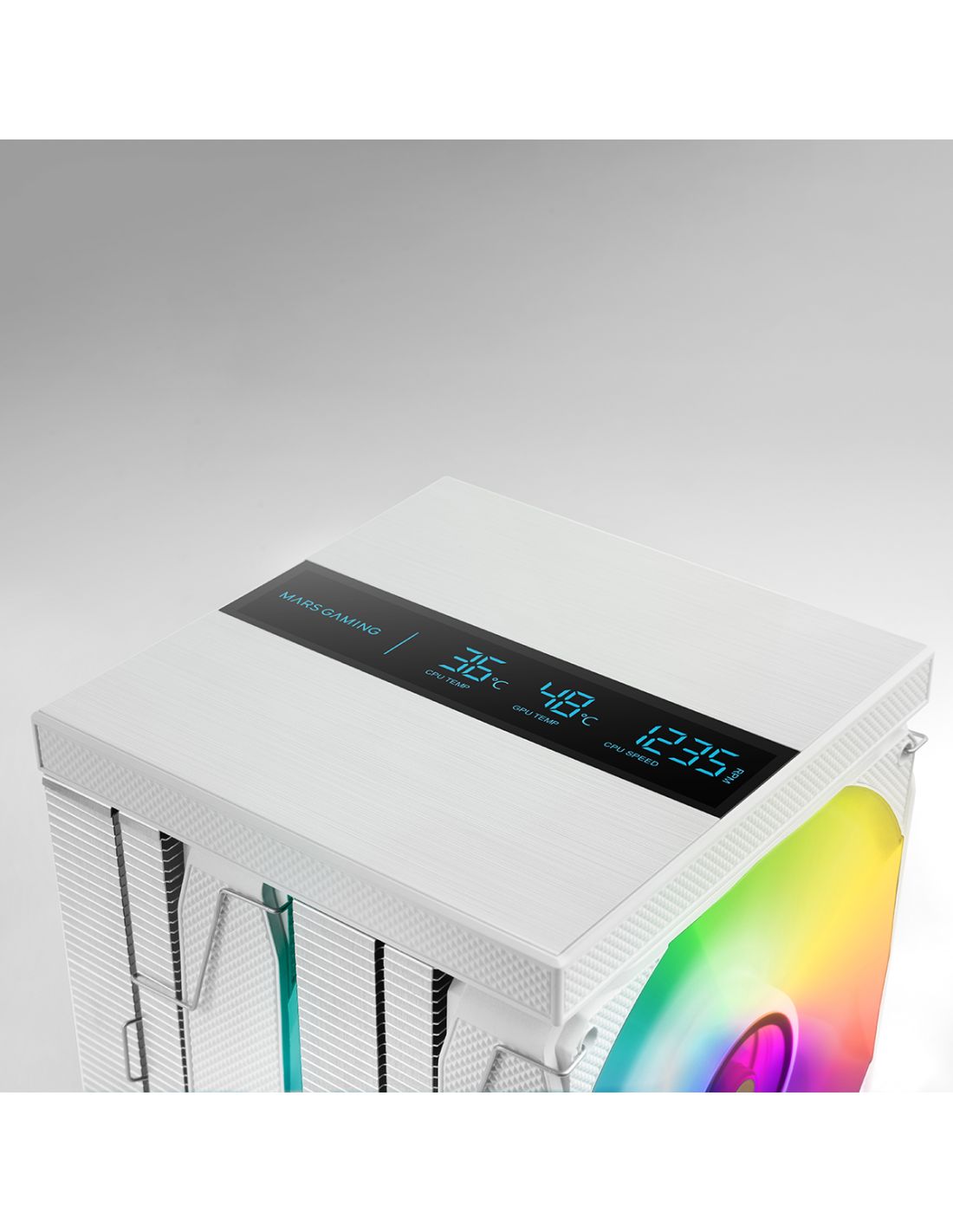 MCPULCDPROW - Ventilador CPU Mars Gaming Disipador 380W, 2x120mm, 8xHeatpipes, pantalla LCD XL, Blanco. (MCPULCDPROW)