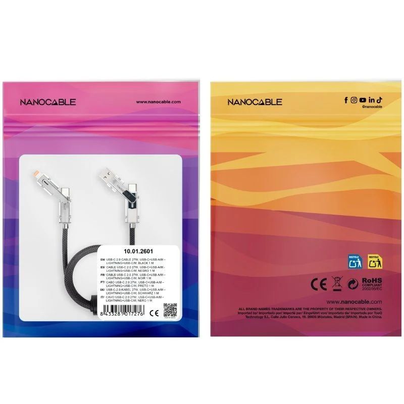 10.01.2601 - Cable Nanocable USB-C+USB-A/M a Lightning+USB-C/M 1m Negro/Gris (10.01.2601)