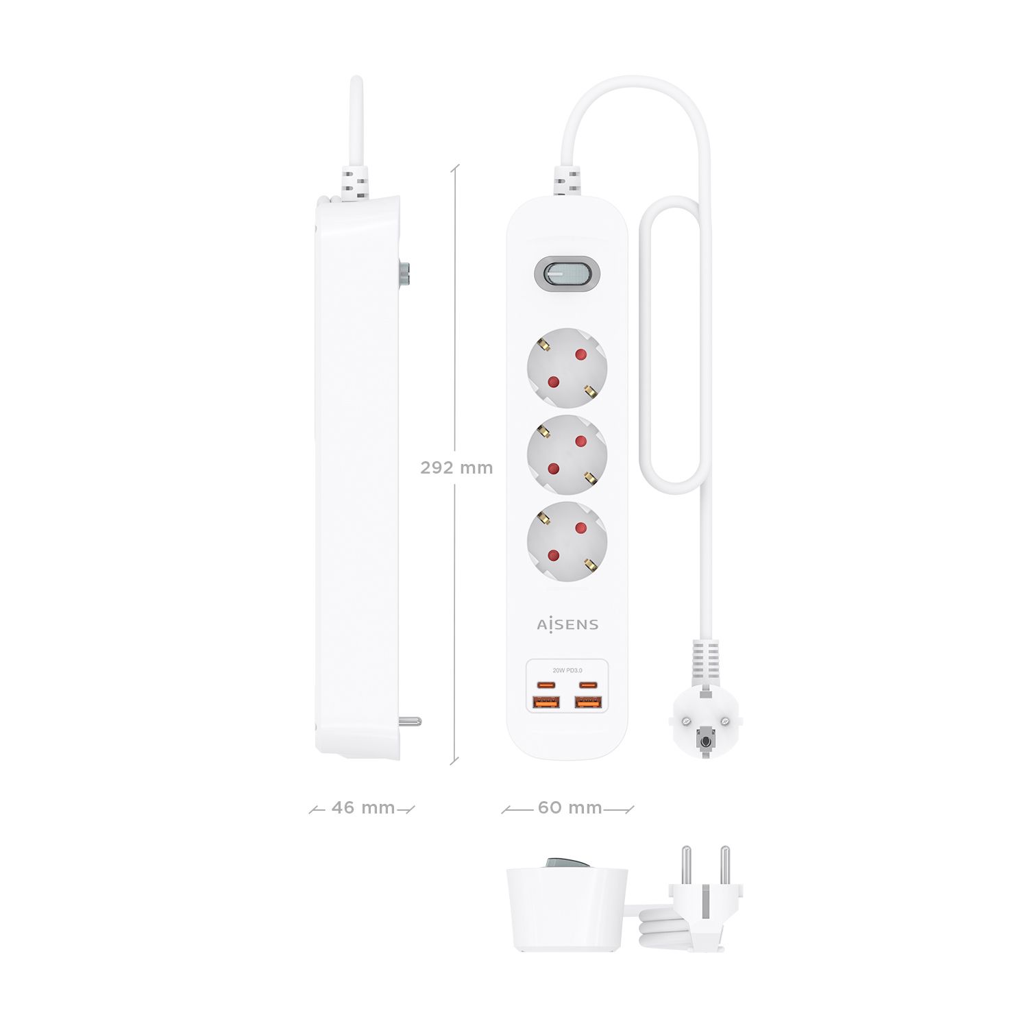 ASPS-2A2C10-W - Regleta AISENS 3 Tomas 2xUSB-C 2xUSB-A PD 3.0 QC 3.0 Cable 1.4m Blanca (ASPS-2A2C10-W)