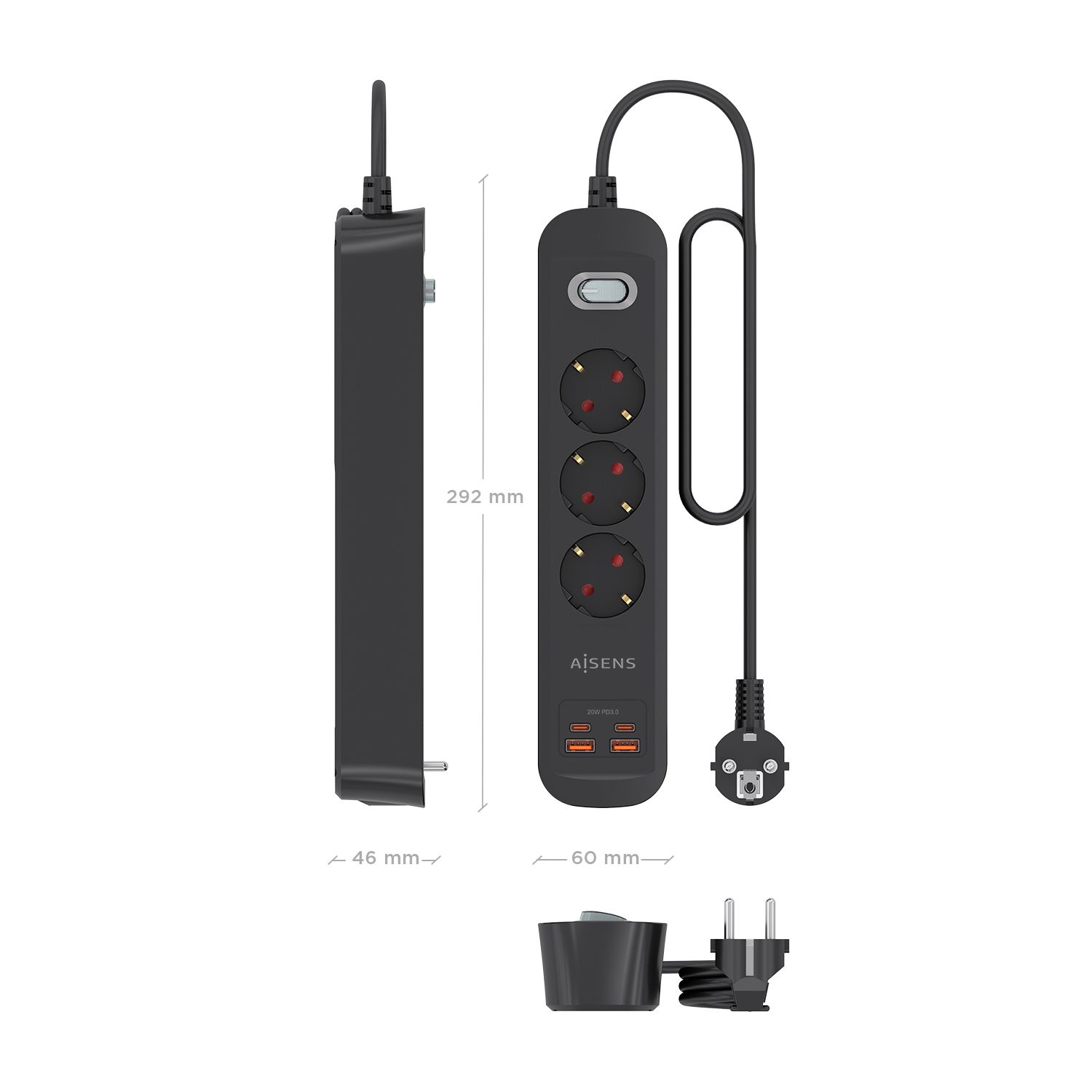 ASPS-2A2C11-BK - Regleta AISENS 3 Tomas 2xUSB-C 2xUSB-A PD 3.0 QC 3.0 Cable 1.4m Negra (ASPS-2A2C11-BK)