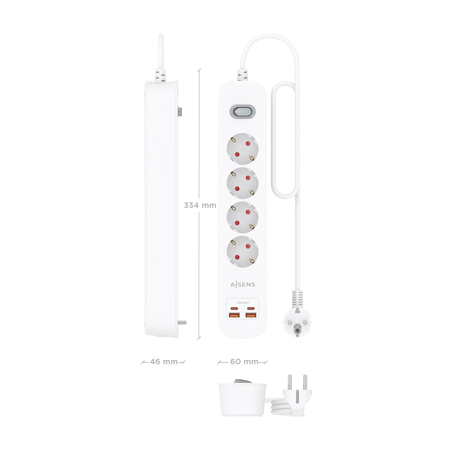 ASPS-2A2C12-W - Regleta AISENS 4 Tomas 2xUSB-C 2xUSB-A PD 3.0 QC 3.0 Cable 1.4m Blanca (ASPS-2A2C12-W)