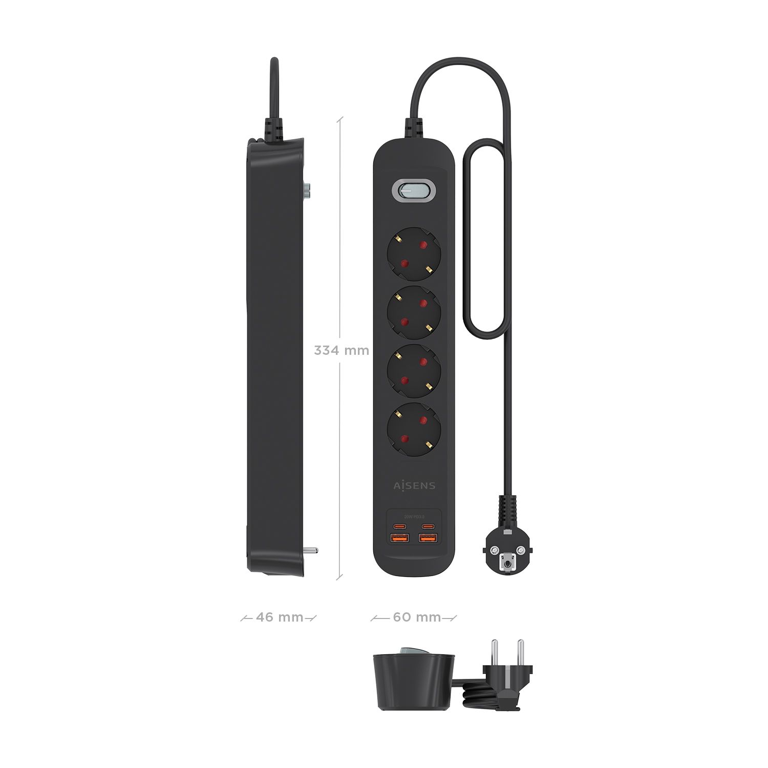 ASPS-2A2C13-BK - Regleta AISENS 4 Tomas 2xUSB-C 2xUSB-A PD 3.0 QC 3.0 Cable 1.4m Negra (ASPS-2A2C13-BK)