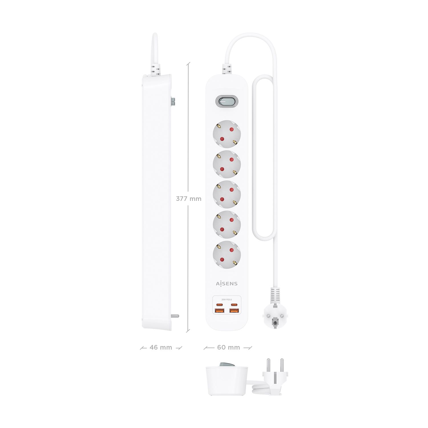 ASPS-2A2C14-W - Regleta AISENS 5 Tomas 2xUSB-C 2xUSB-A PD 3.0 QC 3.0 Cable 1.4m Blanca (ASPS-2A2C14-W)