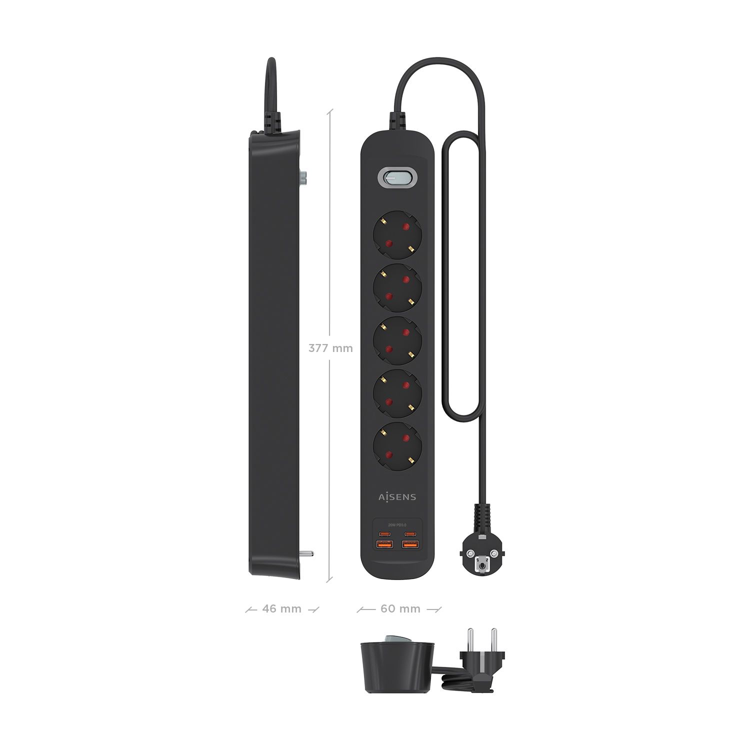 ASPS-2A2C15-BK - Regleta AISENS 5 Tomas 2xUSB-C 2xUSB-A PD 3.0 QC 3.0 Cable 1.4m Negra (ASPS-2A2C15-BK)