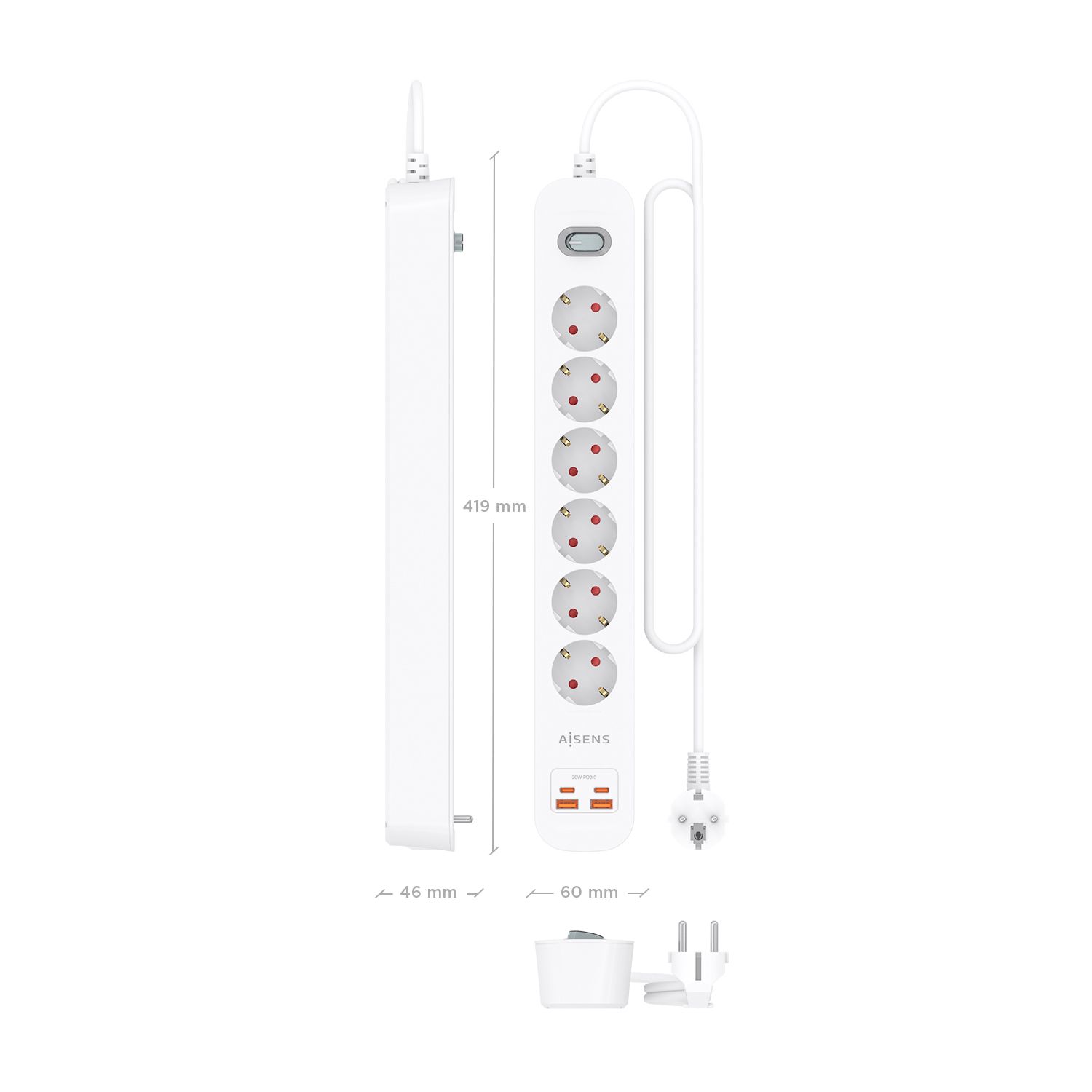 ASPS-2A2C16-W - Regleta AISENS 6 Tomas 2xUSB-C 2xUSB-A PD 3.0 QC 3.0 Cable 1.4m Blanca (ASPS-2A2C16-W)