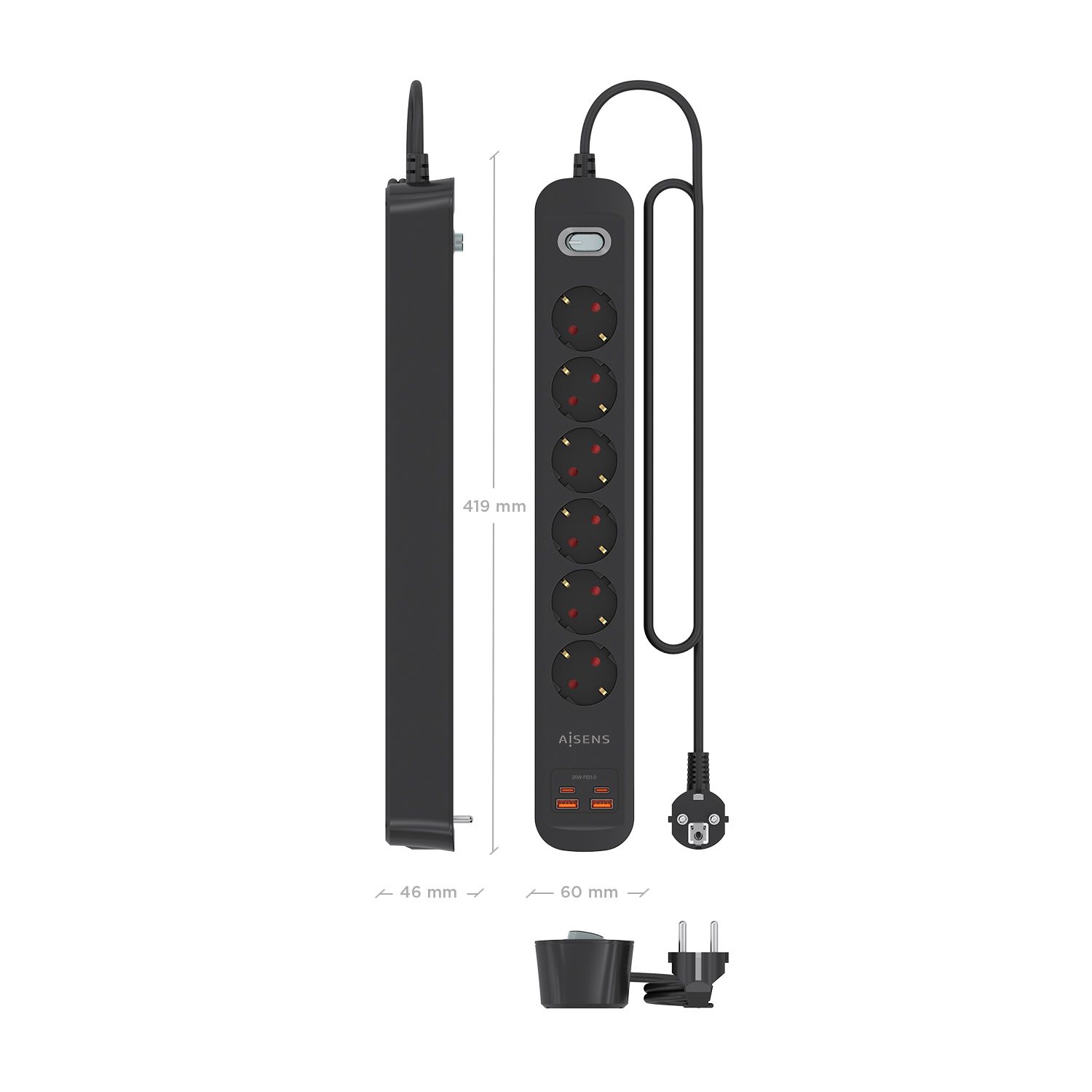 ASPS-2A2C17-BK - Regleta AISENS 6 Tomas 2xUSB-C 2xUSB-A PD 3.0 QC 3.0 Cable 1.4m Negra (ASPS-2A2C17-BK)