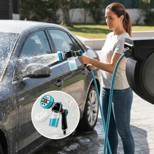 A01_EU01_114307 - Manguera Cecotec HydroShell 300 Pro, con carrete, 30m, Enrollador autom�tico con SlowReturn y Smooth Technology. Dise�o port�til y ergon�mico. Incluye pistola pulverizadora con tanque para jab�n y 8 funciones. (A01_EU01_114307)