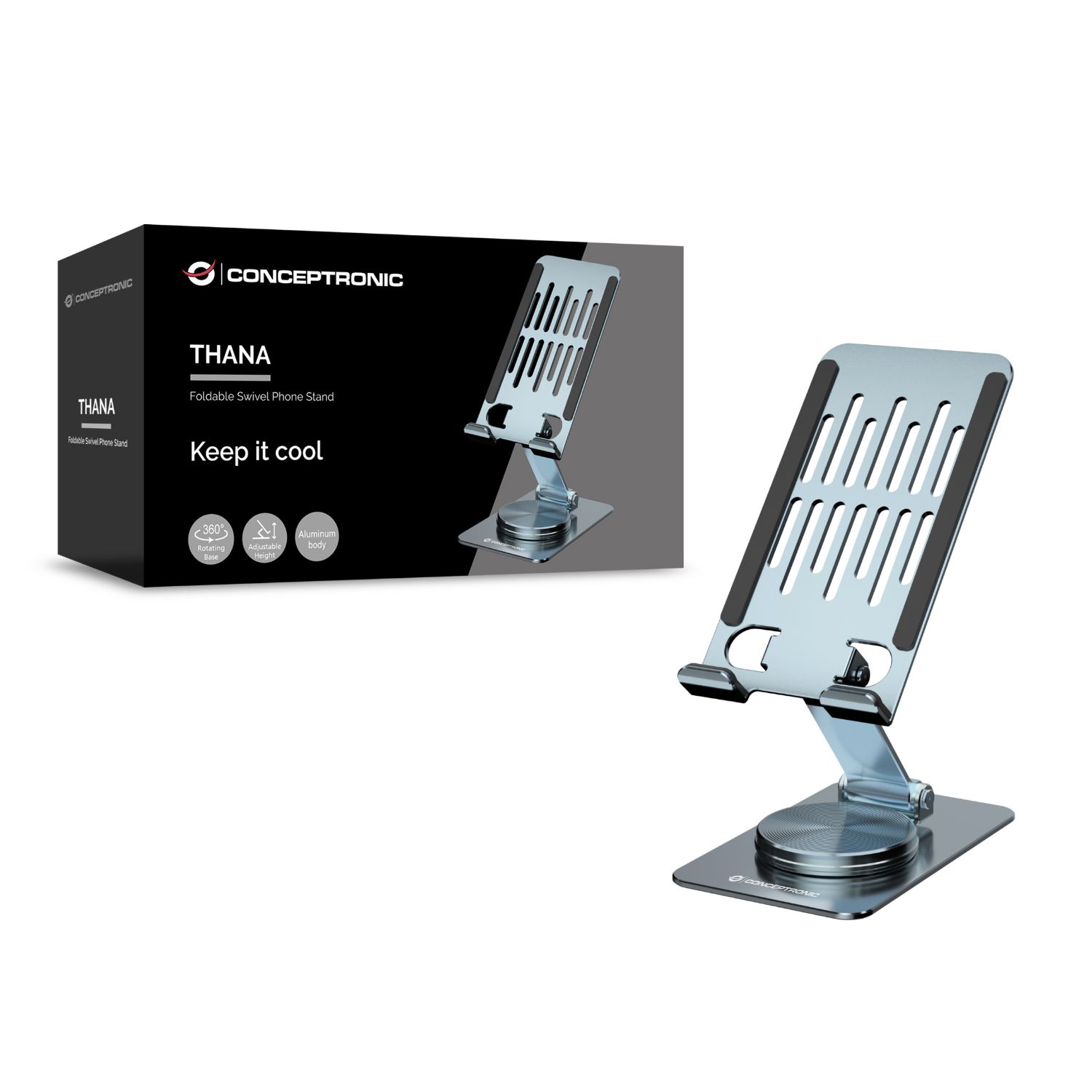THANA08G - Soporte CONCEPTRONIC para Smartphone Giratorio Y Plegable, Base Rotacion 360� Altura Ajustable,Plata(THANA08G)