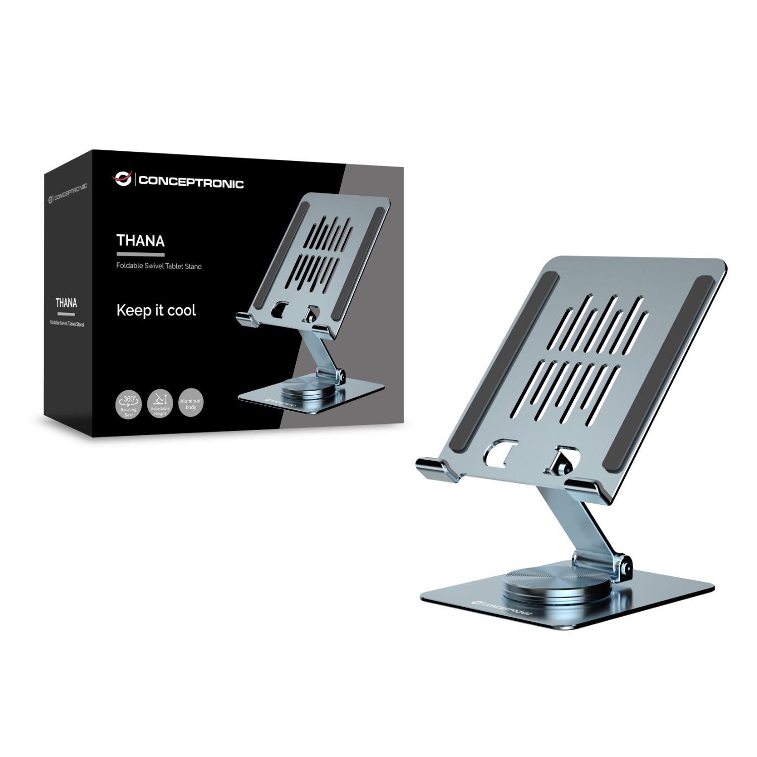 THANA09G - Soporte CONCEPTRONIC para Tablet Giratorio/Plegable Rotacion 360� Altura Ajustable M�x. 1.5Kg Plata (THANA09G)