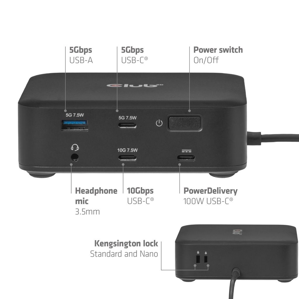 CSV-2542 - Estaci�n Base Club 3D 12 en 1 USB-C 3.1 a 3xUSB-A/2xUSB-C 2xDP/2xHDMI/1xRJ45/1x3.5mm Eternet LAN 2.5 GbE Negro (CSV-2542)