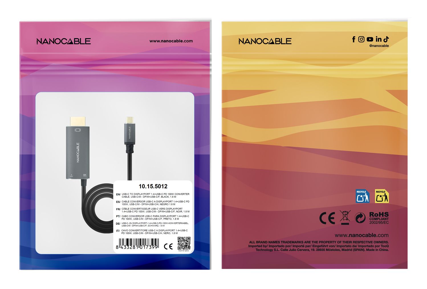 10.15.5012 - Conversor Nanocable Usb-C/M a Conversor Nanocable USB-C/M a DP 1.4/M+USB-C/H 1.8m Negro (10.15.5012)
