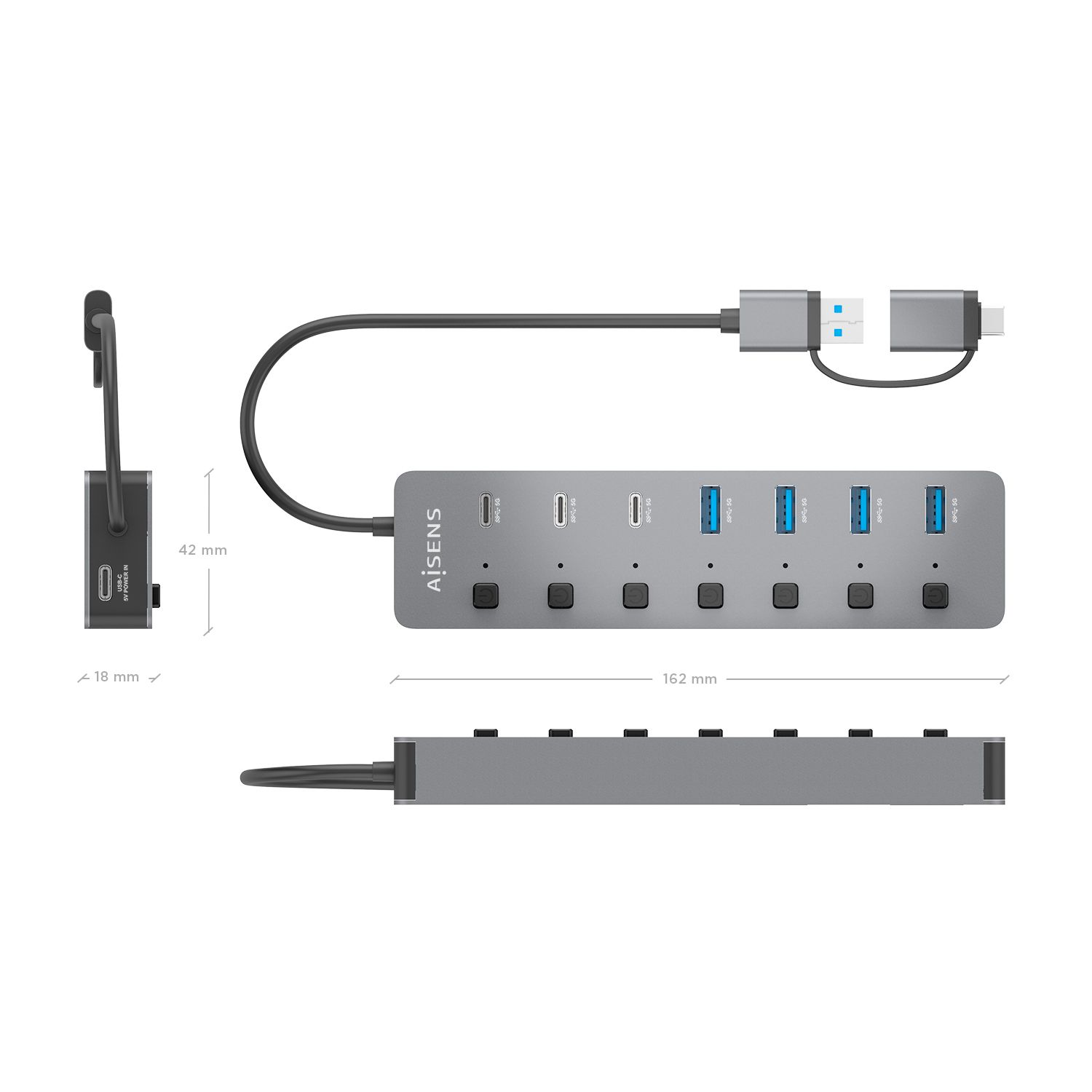 ASUC-8P043-GR - Hub AISENS USB-A 3.0 a 4xUSB-A 3.0/3xUSB-C 3.0 0.3m Gris (ASUC-8P043-GR)