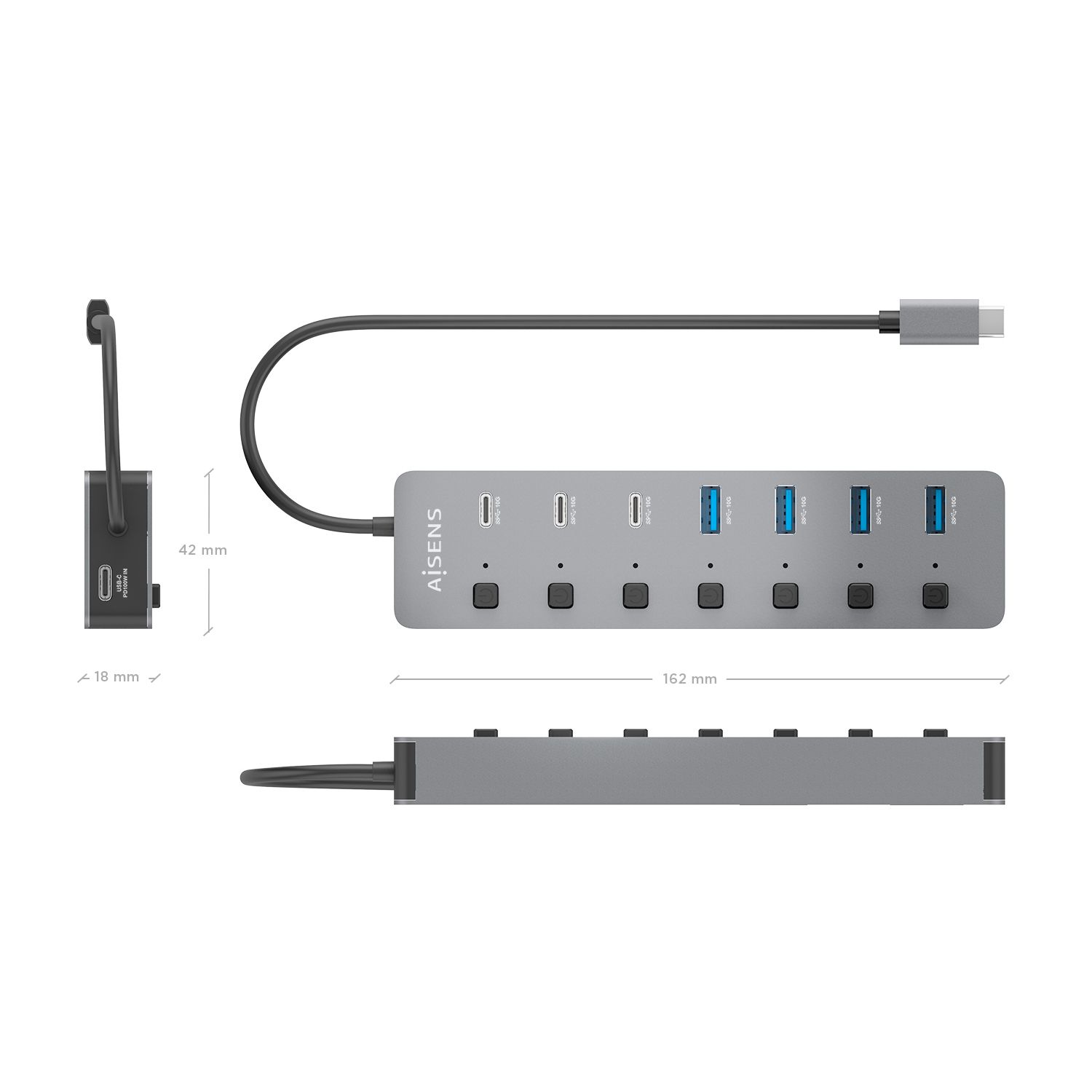 ASUC-8P044-GR - Hub AISENS USB-C 3.1 a 4xUSB-A 3.1/3xUSB-C 3.1 PD 100W 0.3m Gris (ASUC-8P044-GR)