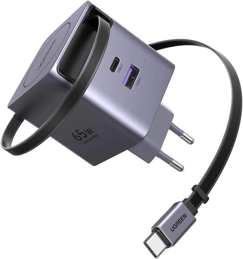 65825 - Cargador Ugreen GaN 65W 1xUSB-A 1xUSB-C Carga R�pida Cable Retr�ctil Gris (65825)