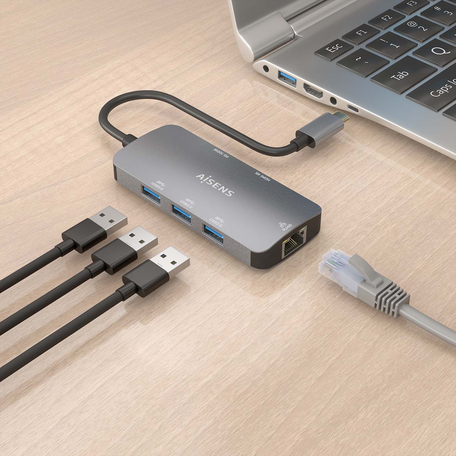 ASUC-6P019-GR - Docking Station AISENS USB-C a 1xHDMI/3xUSB-A/1xUSB-C PD 100W/RJ45 Gris (ASUC-6P019-GR)