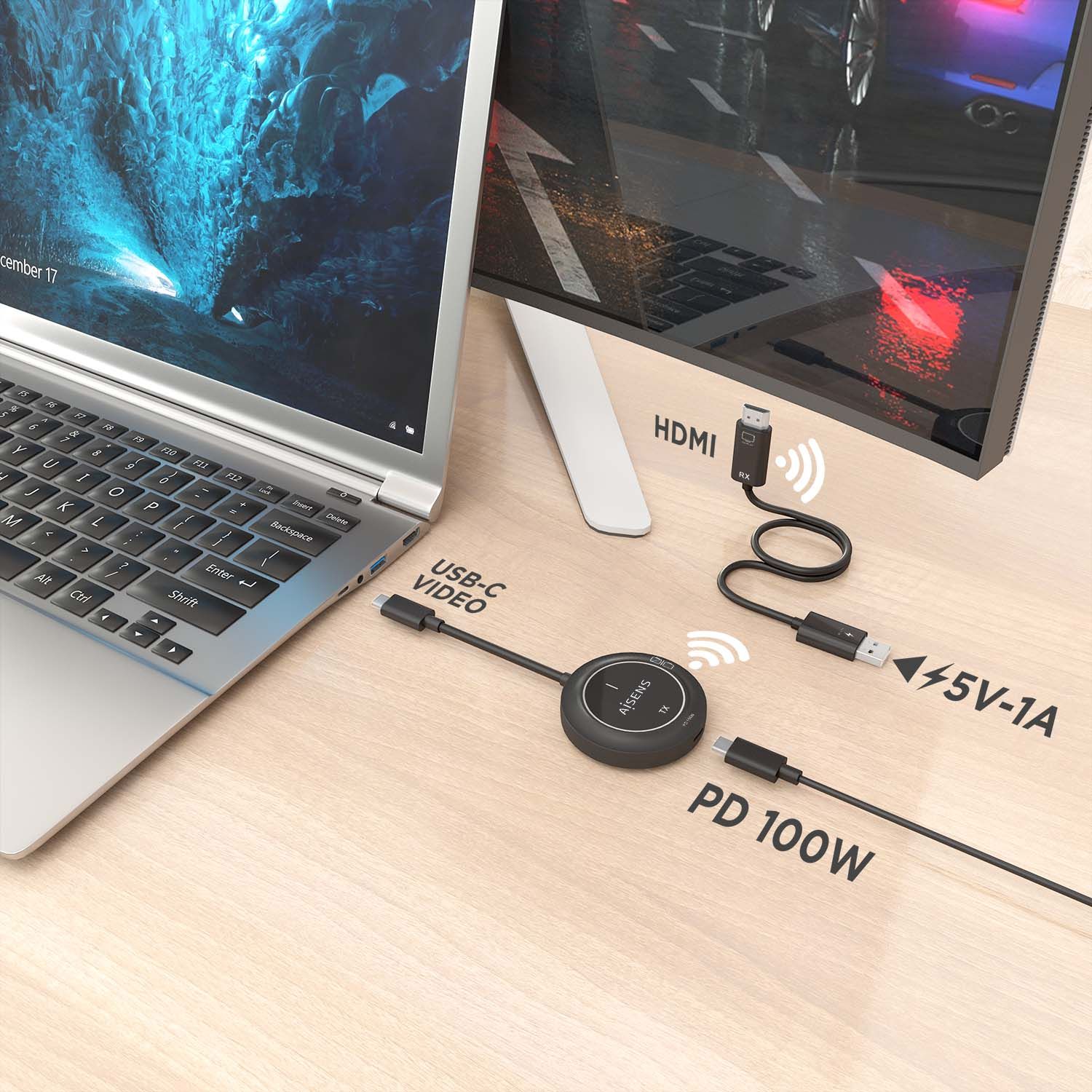 ASWL-H2KC30M004-BK - Adaptador/Transmisor de Vdeo Inalmbrico AISENS USB-C a HDMI PD 100W Negro (ASWL-H2KC30M004-BK)