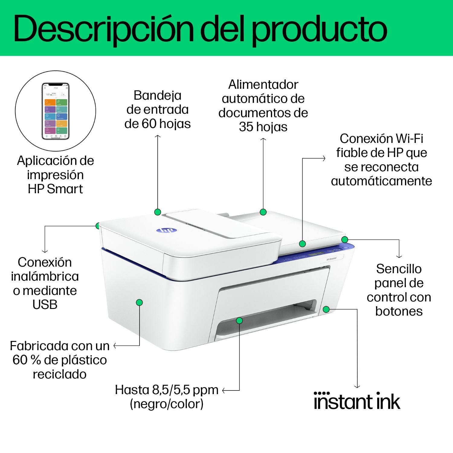 60K30B - Impresora Multifuncin HP DeskJet 4230e Pantalla LCD 4800x1200dpi A4 Color ADF 1xUSB 2.0 WiFi Blanca/Azul (60K30B)