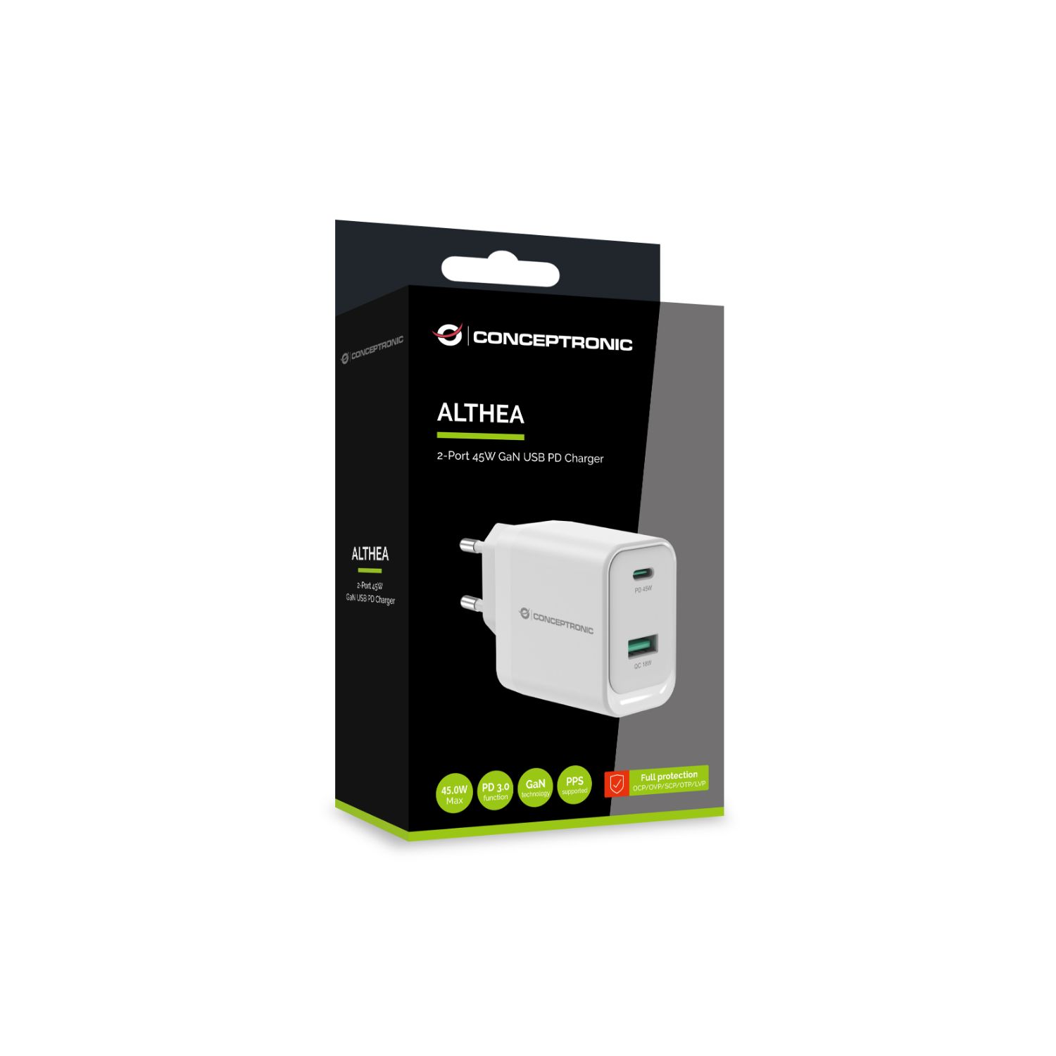 ALTHEA20W45 - Cargador de Pared CONCEPTRONIC 1xUSB-A 1xUSB-C 45W PD 3.0 QC Blanco (ALTHEA20W45)