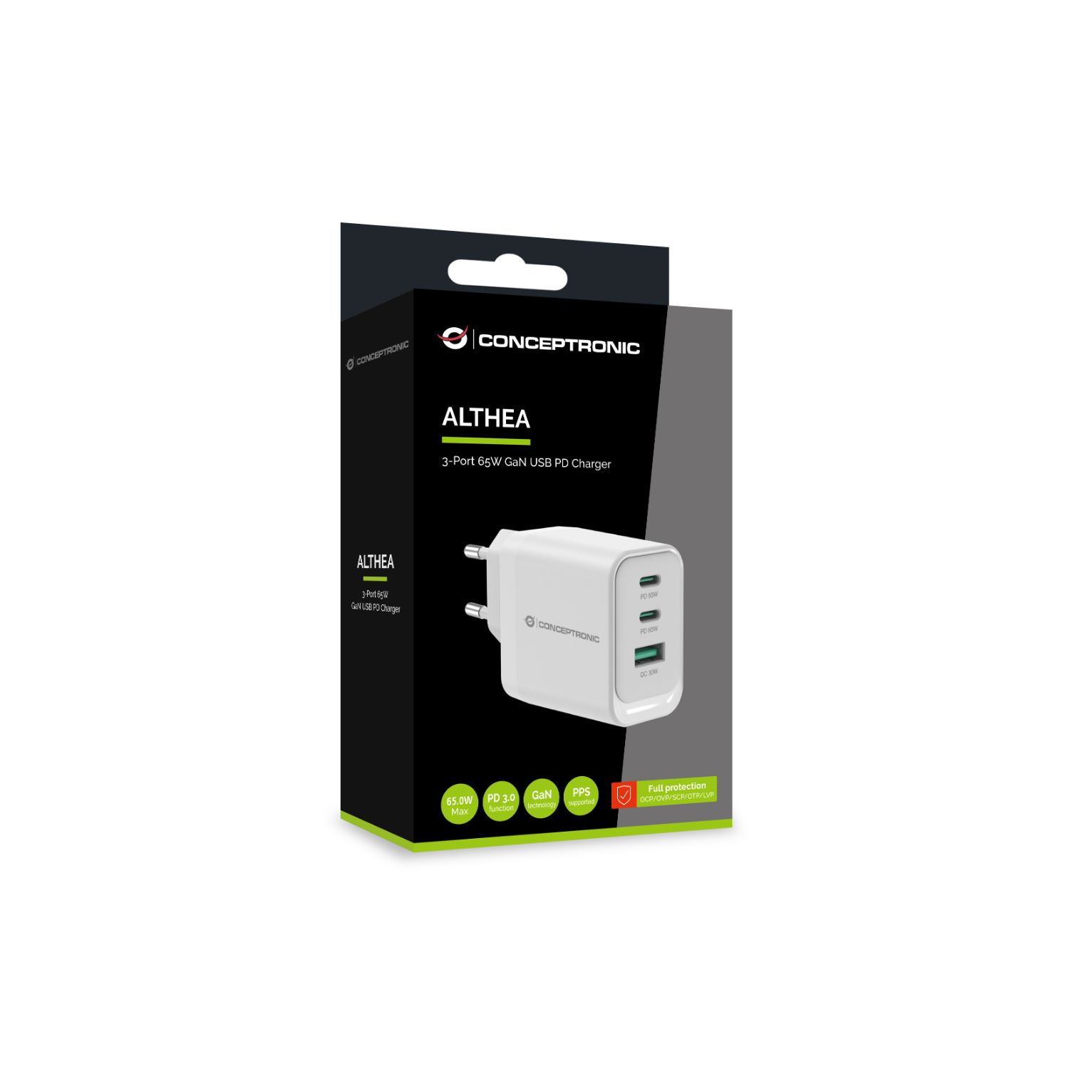 ALTHEA21W65 - Cargador de Pared CONCEPTRONIC 1xUSB-A 2xUSB-C 65W PD 3.0 QC Blanco (ALTHEA21W65)