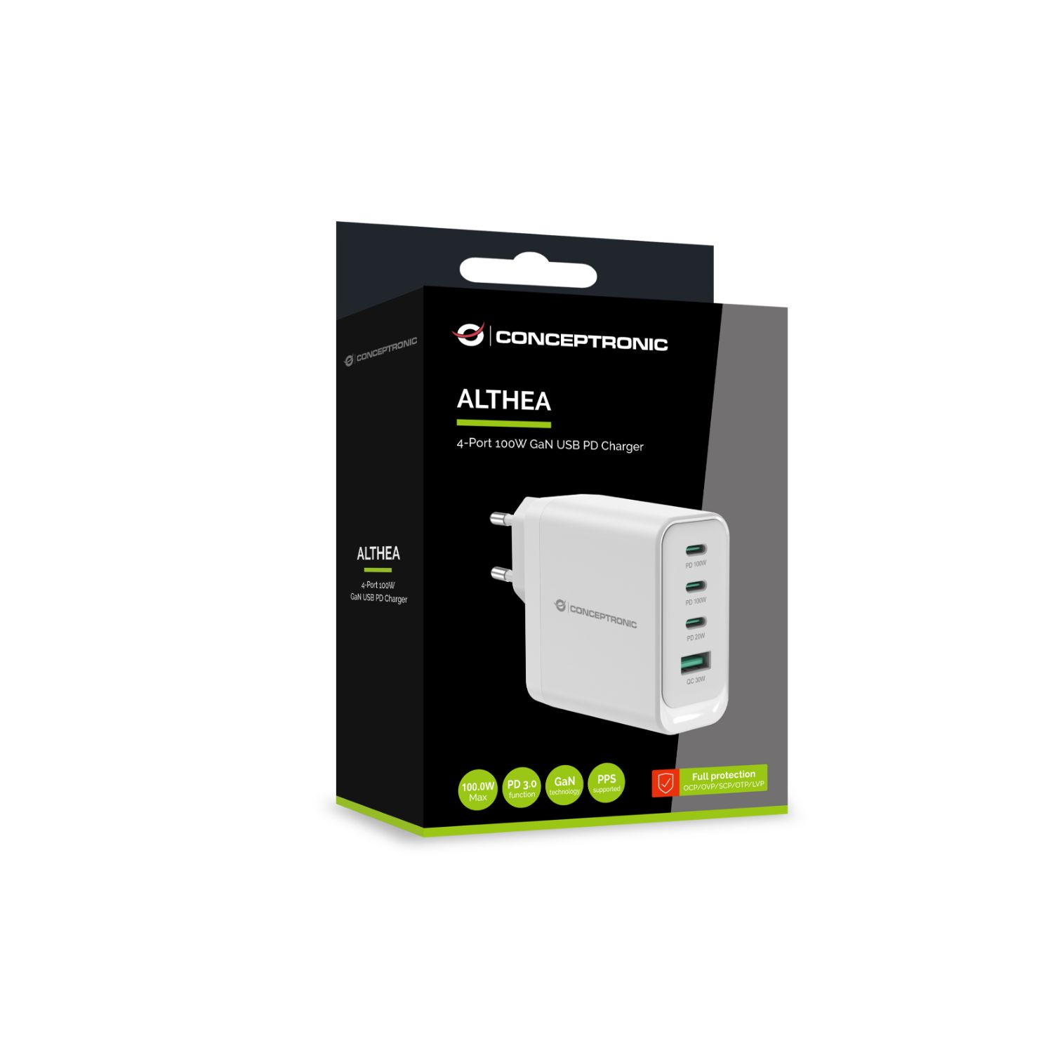 ALTHEA22W100 - Cargador de Pared CONCEPTRONIC 1xUSB-A 3xUSB-C 100W PD 3.0 QC Blanco (ALTHEA22W100)