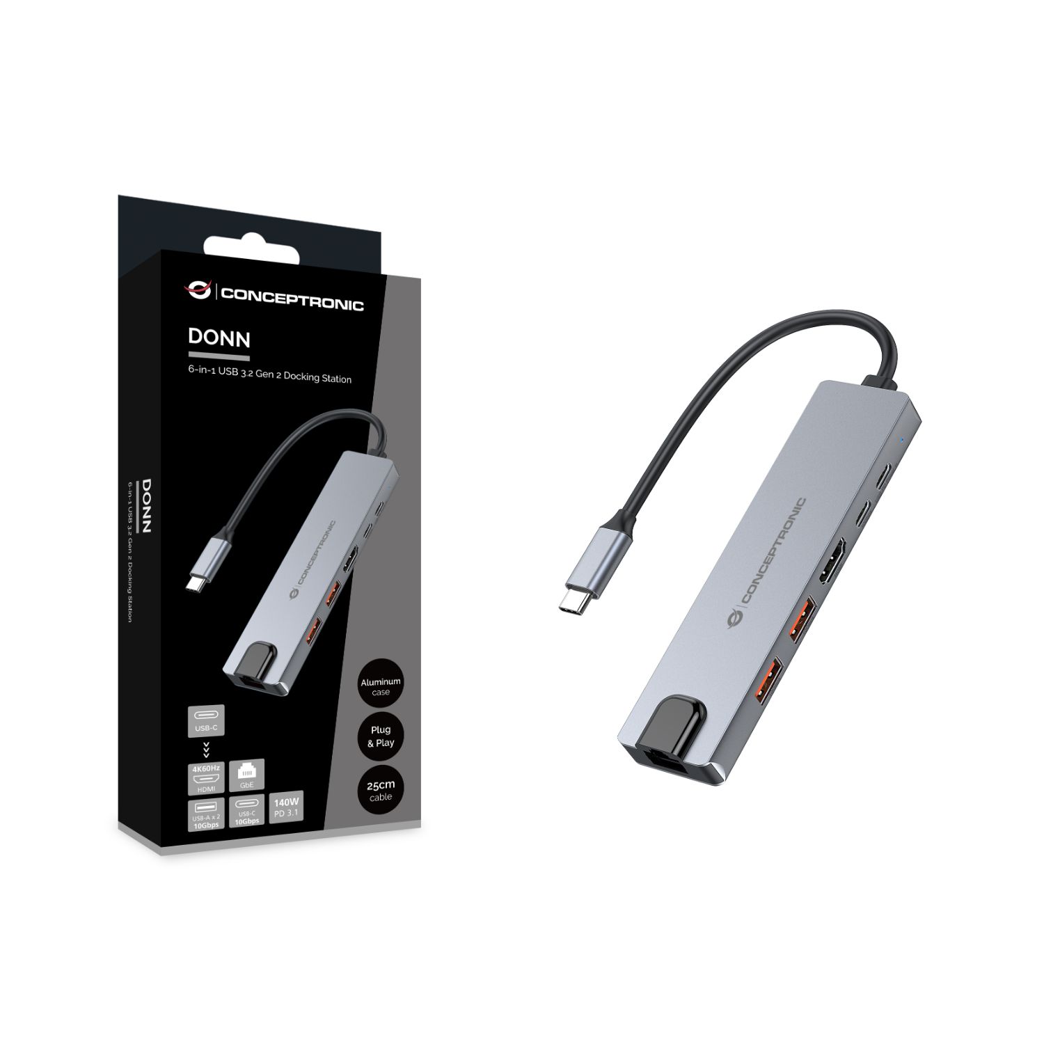 DONN29G - Docking Station CONCEPTRONIC 6en1 USB-C a USB-A 3.1/USB-C 3.1/USB PD 140W/HDMI 2.0 Gris (DONN29G)