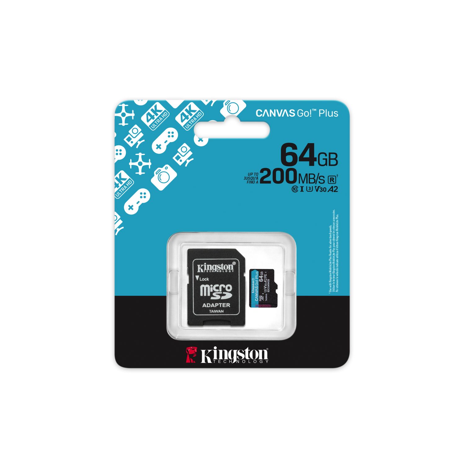 SDCG4/64GB - Tarjeta Memoria Kingston Micro SDXC Canvas Go Plus 200R 64Gb Clase 10 UHS-I Class 3 (U3) V30 A2 Lectura 200 Mb/s Negro/Turquesa + Adaptador SD (SDCG4/64GB)