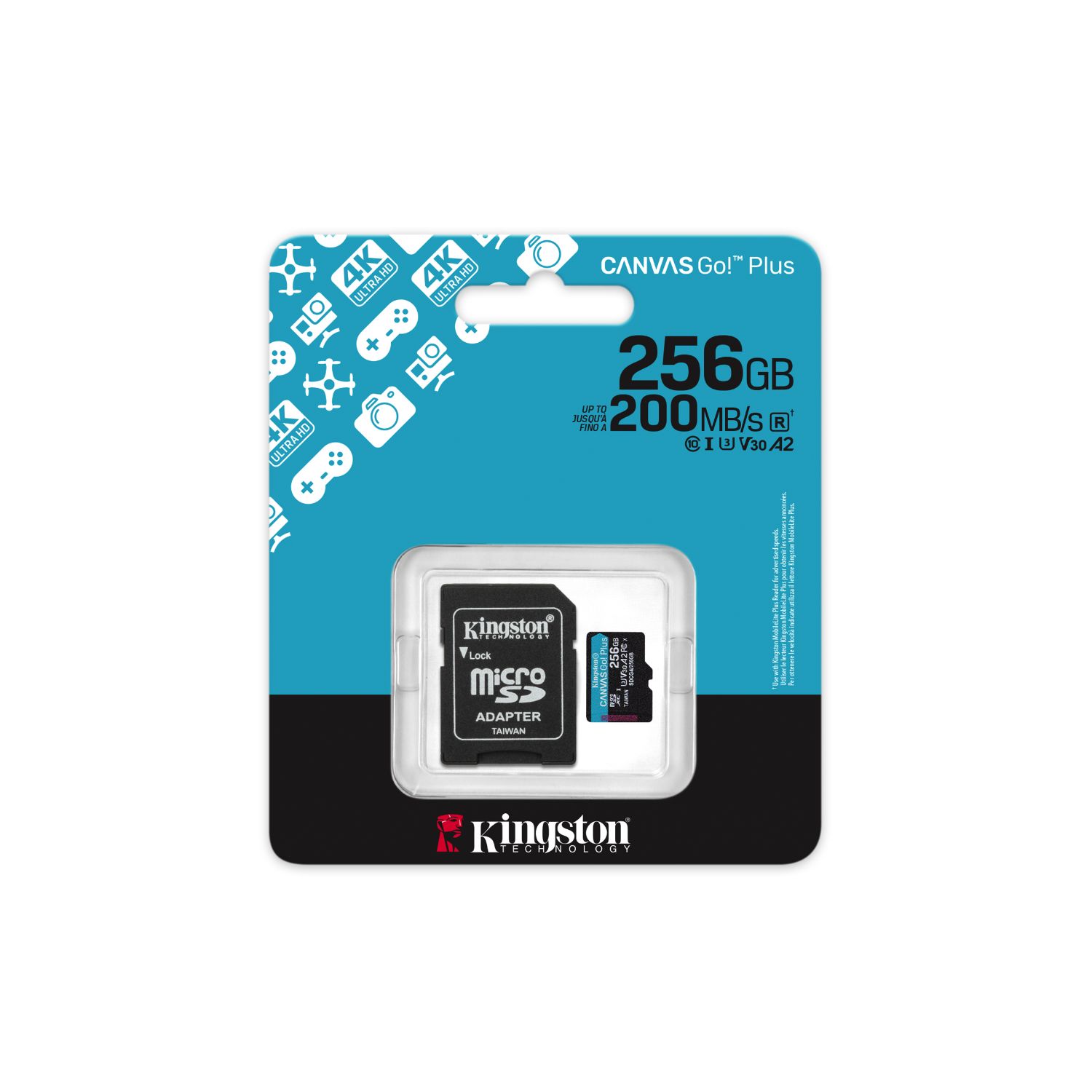 SDCG4/256GB - Tarjeta Memoria Kingston Micro SDXC Canvas Go Plus 200R 256Gb Clase 10 UHS-I Class 3 (U3) V30 A2 Lectura 200 Mb/s Escritura 160 Mb/s Negro/Turquesa + Adaptador SD (SDCG4/256GB)
