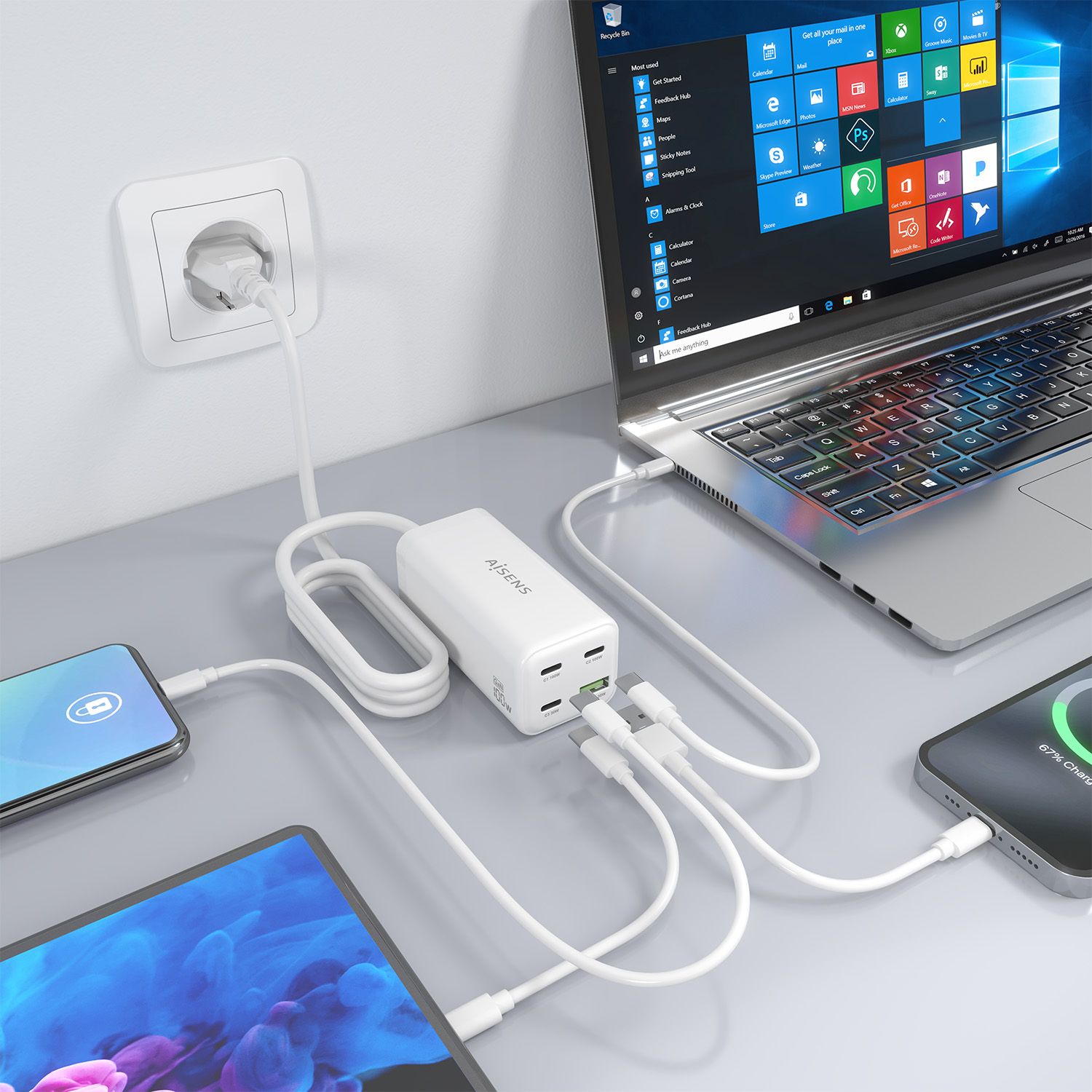 ASCH-100W4P053-W - Cargador de sobremesa AISENS GaN 100w 3Usb-C 1Usb-A Blanco (ASCH-100W4P053-W)