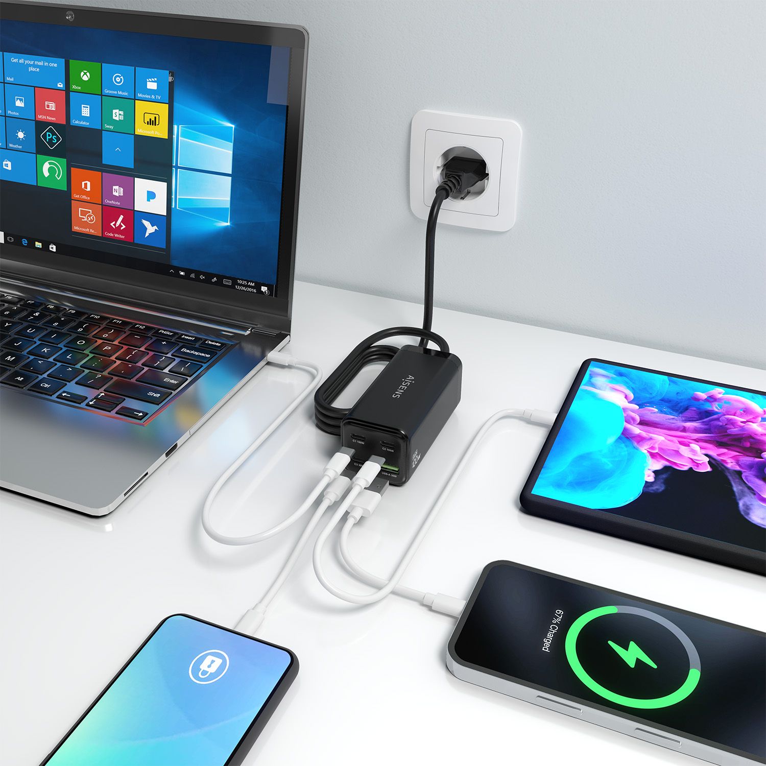 ASCH-100W4P054-BK - Cargador de sobremesa AISENS GaN 100w 3Usb-C 1Usb-A Negro (ASCH-100W4P054-BK)