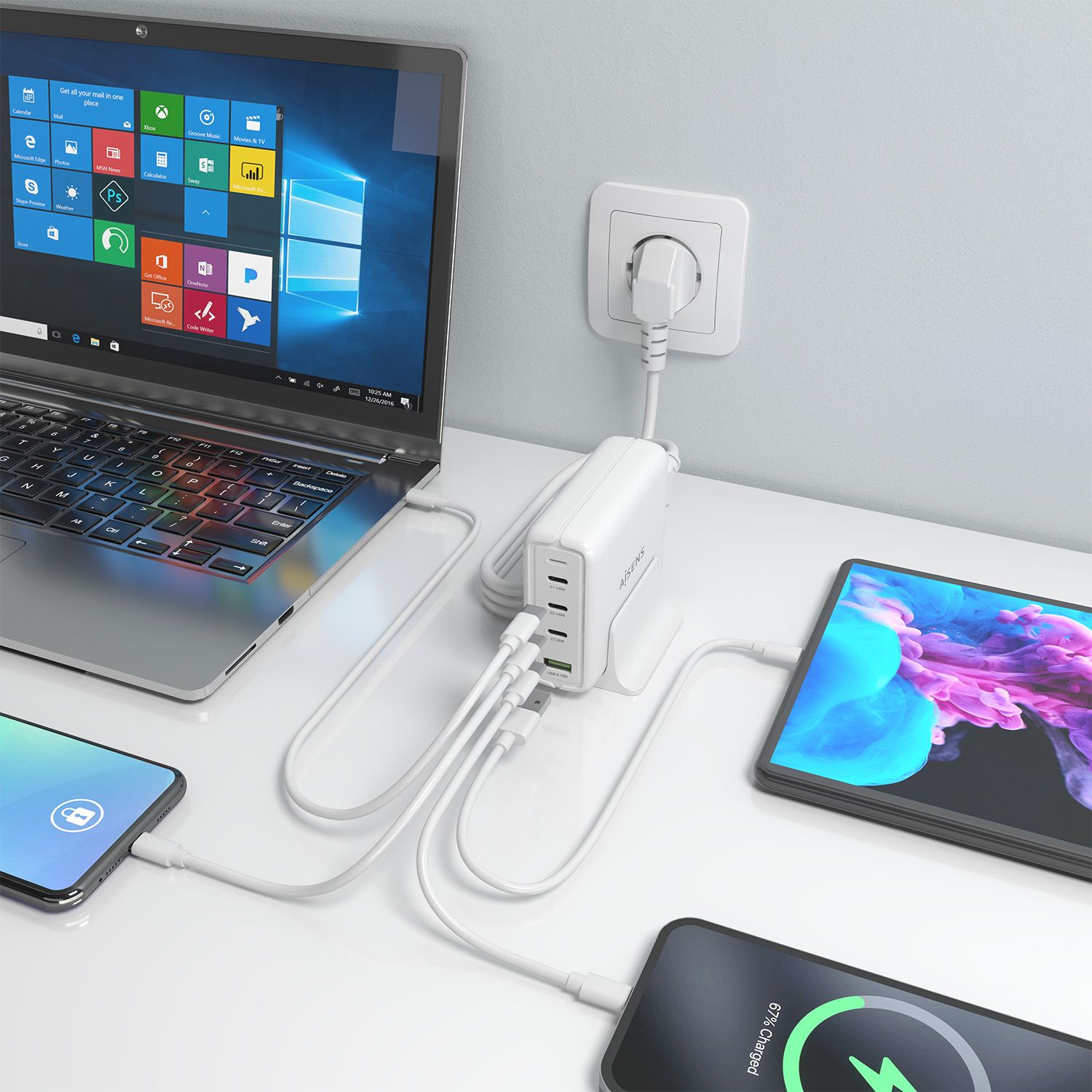 ASCH-140W4P055-W - Cargador de sobremesa AISENS GaN 140W 3Usb-C 1Usb-A Blanco (ASCH-140W4P055-W)