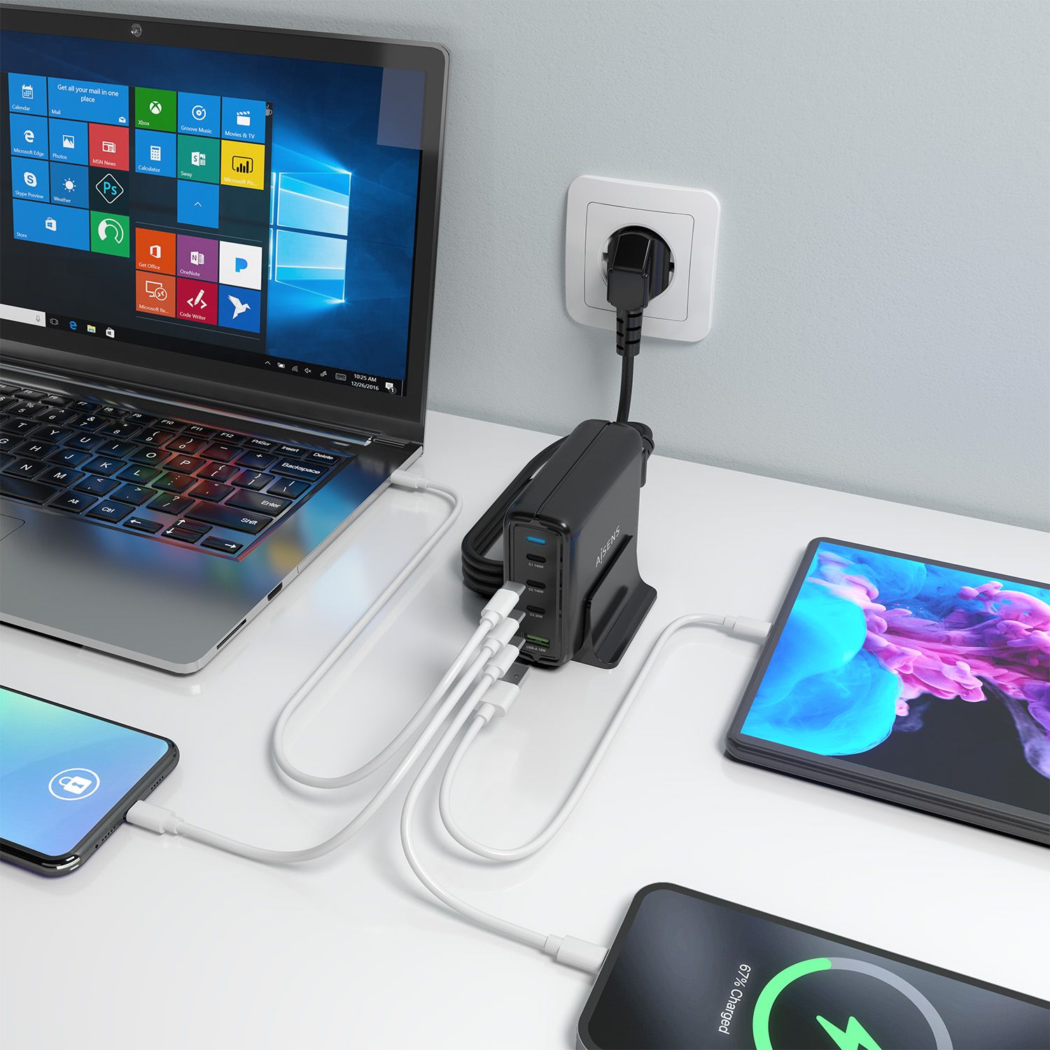 ASCH-140W4P056-BK - Cargador de sobremesa AISENS GaN 140W 3Usb-C 1Usb-A Negro (ASCH-140W4P056-BK)