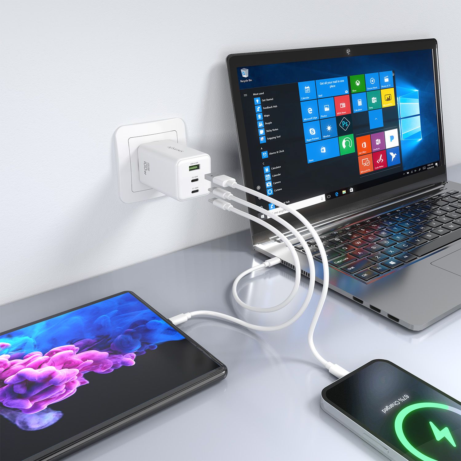 ASCH-100W3P051-W - Cargador de Pared AISENS GaN 100W 2Usb-C PD 1Usb-A Blanco (ASCH-100W3P051-W)