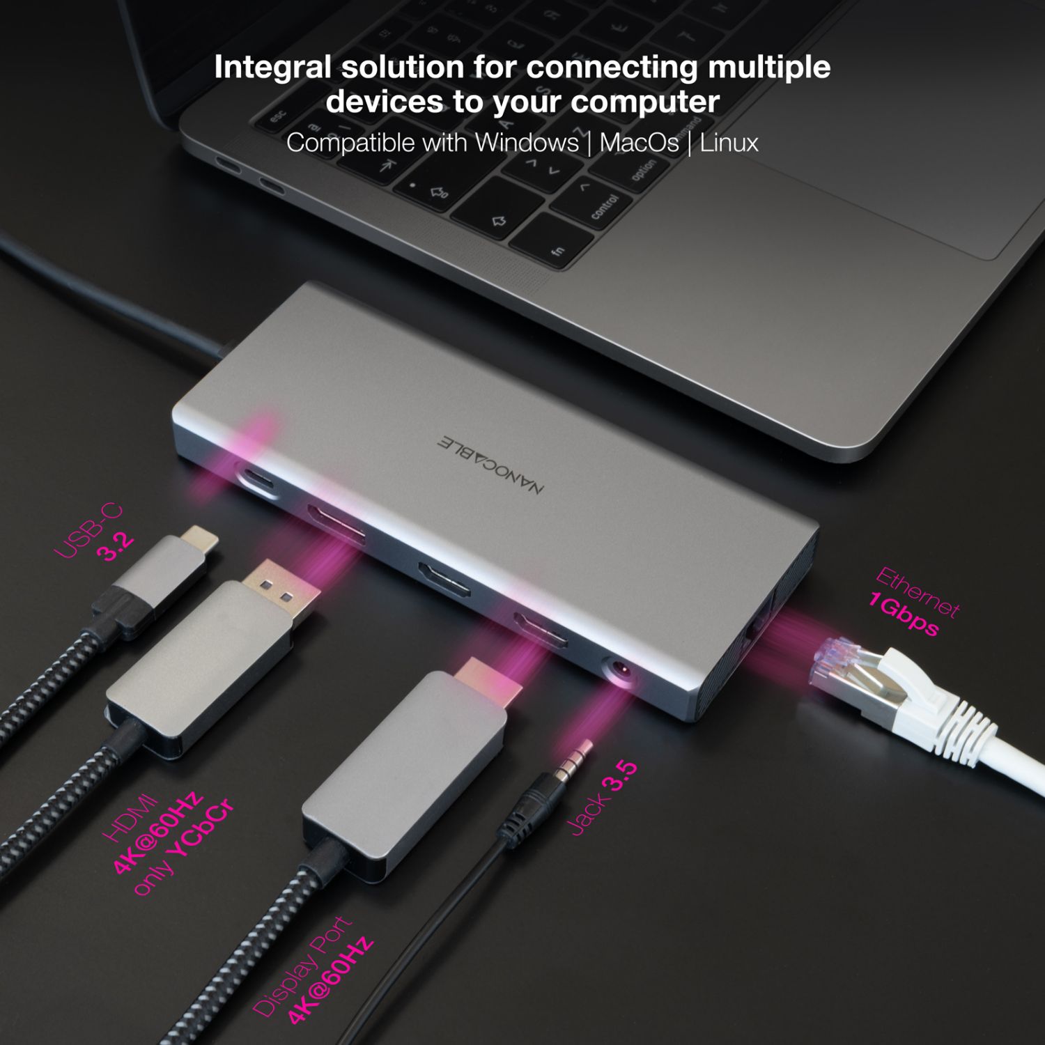 10.16.4612 - Docking Nanocable 12en1 Usb-C a 3xUsb/ 1xUsb-C/ 2xHDMI 4K/ 1xDisplayPort/ 1xRJ45/ 1xLector tarjetas/ 1xJack 3.5mm/ 1xUsb-C PD/ Gris (10.16.4612)