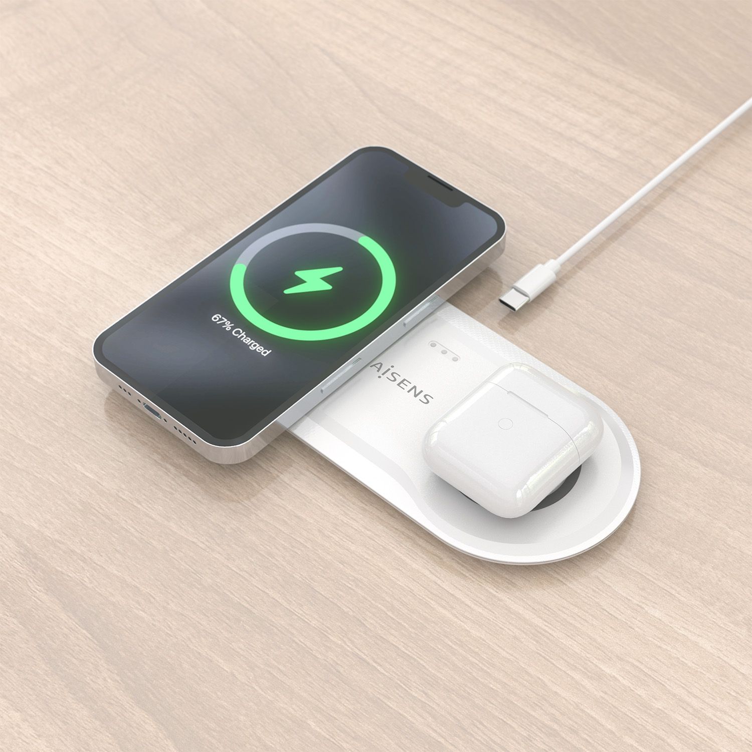 ASCH-15W2WC059-W - Estacin de Carga AISENS Inalmbrica Qi 2en1 Usb-C Blanco (ASCH-15W2WC059-W)