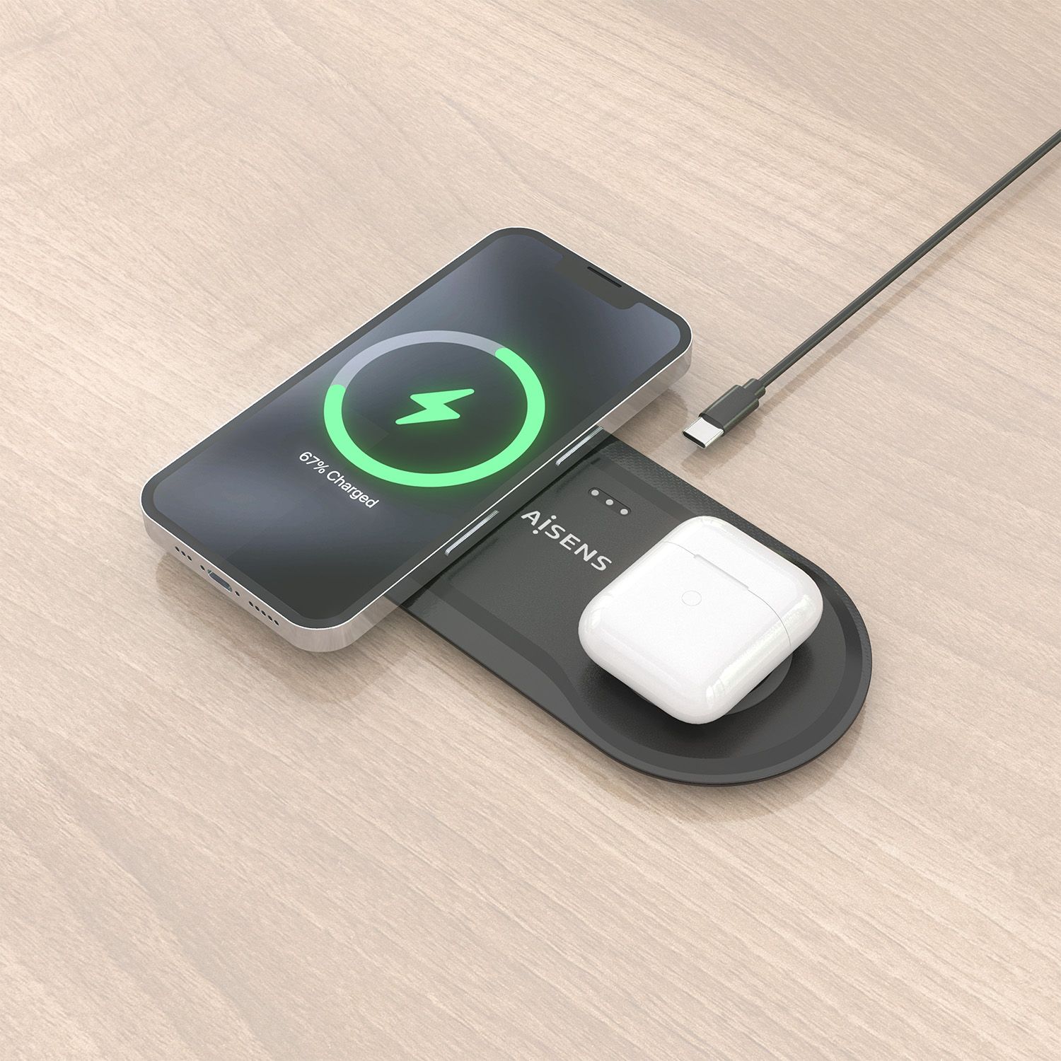 ASCH-15W2WC060-BK - Estacin de Carga AISENS Qi 2en1 Usb-C 15W Negro (ASCH-15W2WC060-BK)