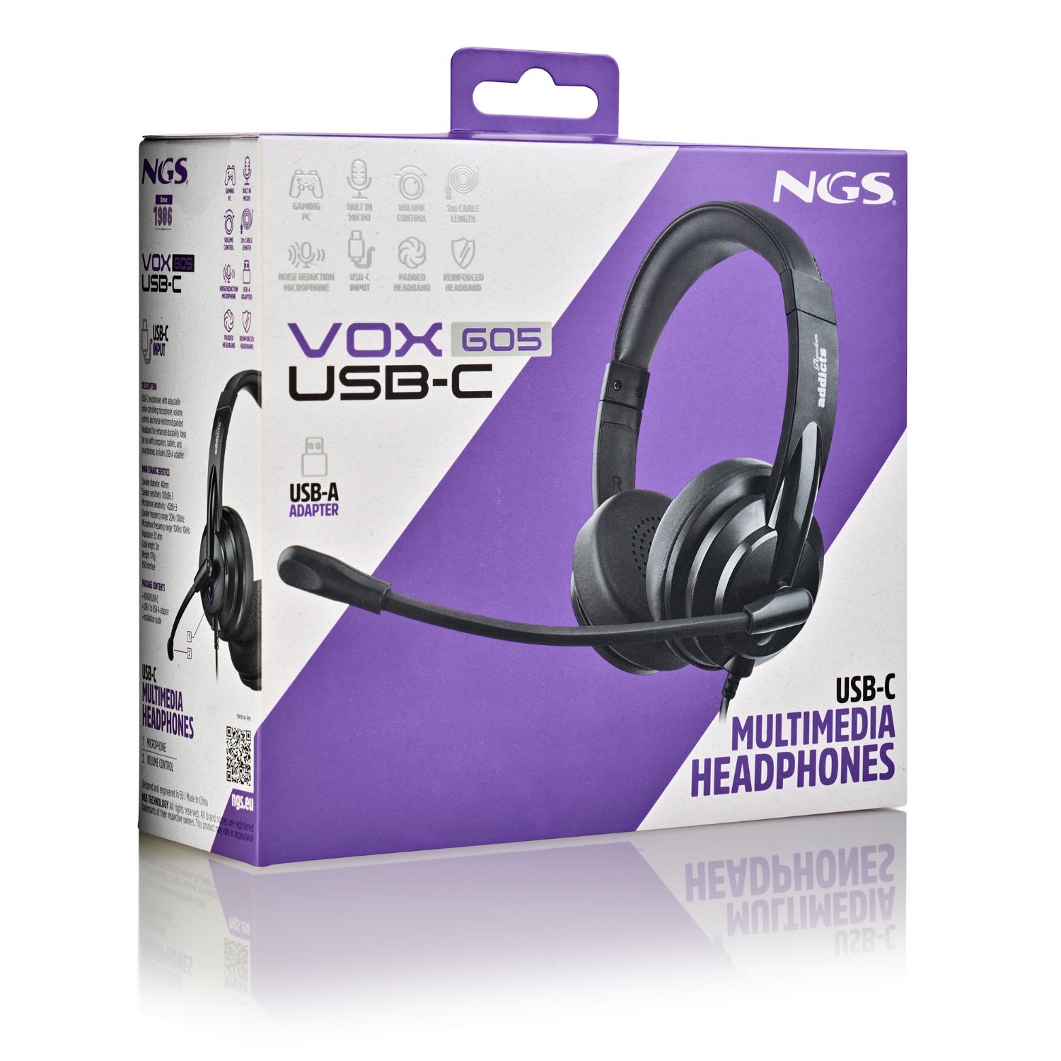 VOX605USBC - Auriculares con microfono NGS Usb-C con control volumen, adaptador Usb-A, 2m. Negro. (VOX605USBC)