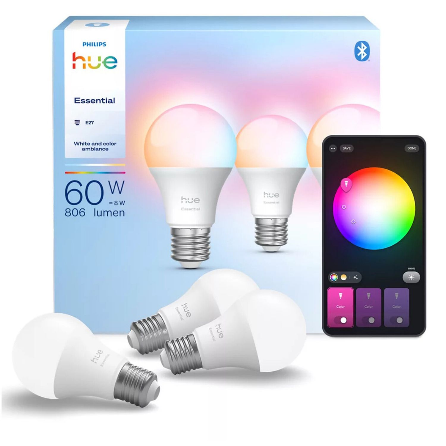 929004235407 - Bombilla inteligente Philips Hue E27 8W 800L 3unidades. Bluetooth. (929004235407)