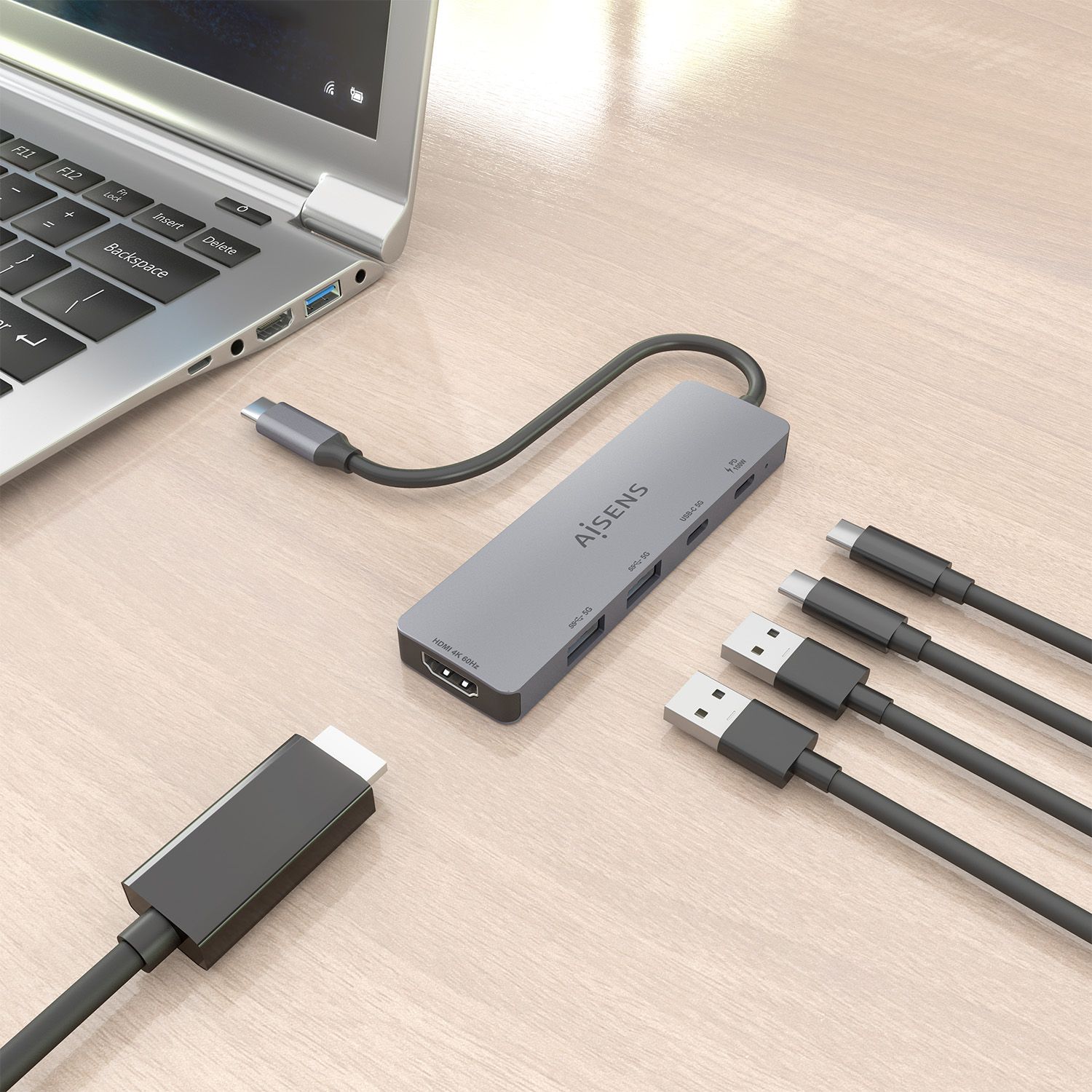 ASUC-5P028-GR - Docking Station AISENS 5en1 USB-C 3.0 a 2xUSB-A/1xUSB-C PD 100W/1xHDMI 4K/60Hz Gris (ASUC-5P028-GR)