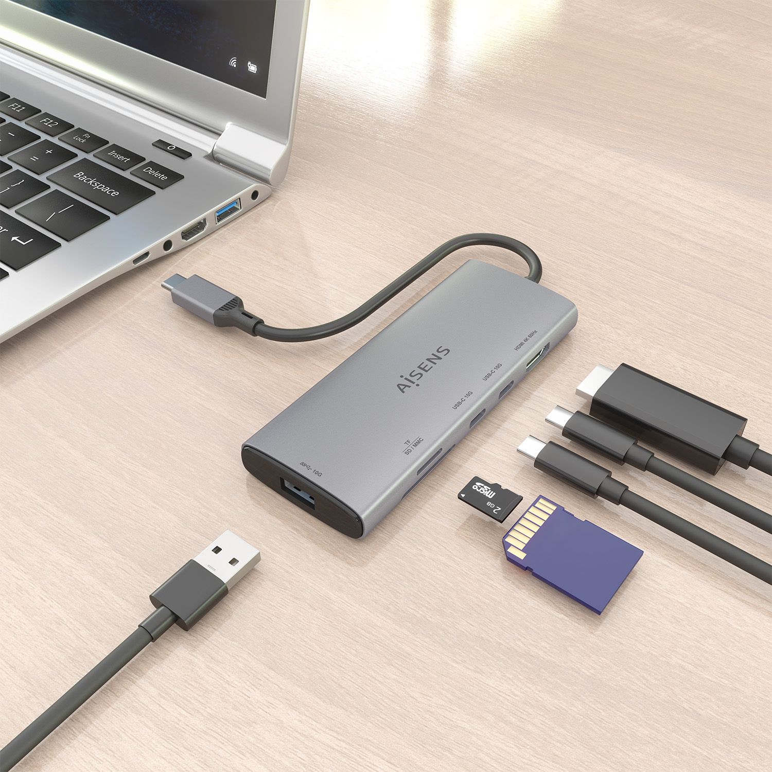 ASUC-6P029-GR - Docking Station AISENS 6en1 USB-C 3.0 a 1xUSB-A/2xUSB-C/1xHDMI/Lector Tarjetas 4K/60Hz Gris (ASUC-6P029-GR)
