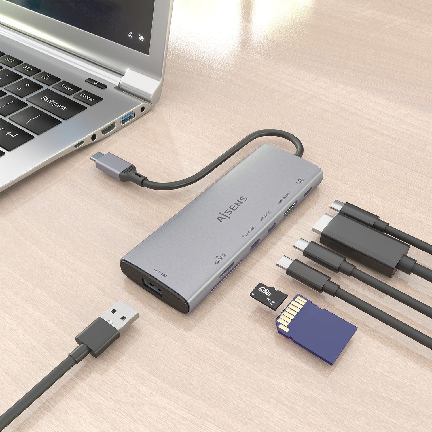 ASUC-7P031-GR - Docking Station AISENS 7en1 USB-C 3.0 a 1xUSB-A/2xUSB-C/1xUSB-C PD 100W/1xHDMI/Lector Tarjetas 4K/60Hz Gris (ASUC-7P031-GR)