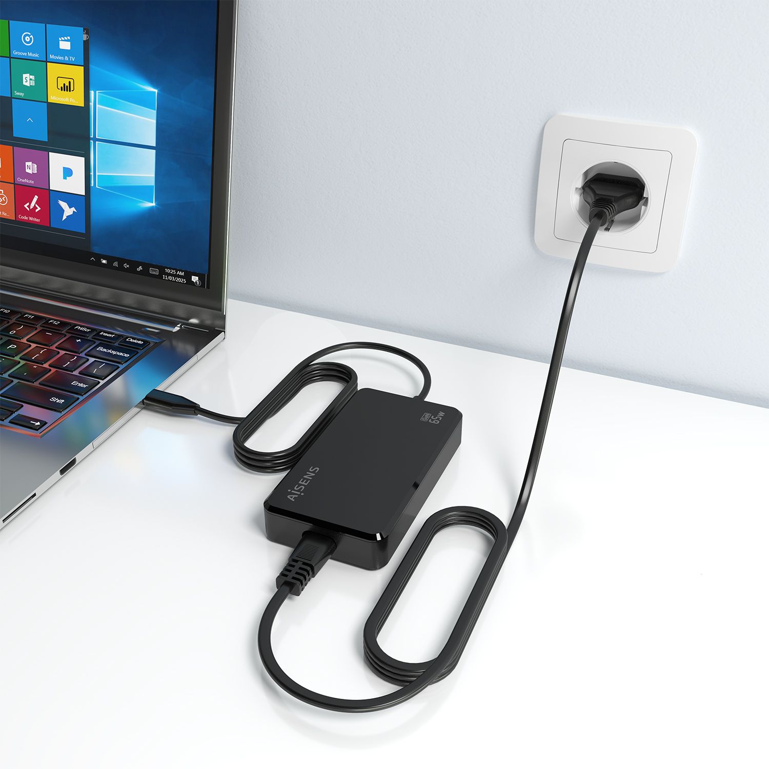 ASCH-1PD65D068-BK - Cargador Sobremesa Aisens GaN 65W PD3.0 1xUsb-C, cable DC 1.8m, Negro(ASCH-1PD65D068-BK)