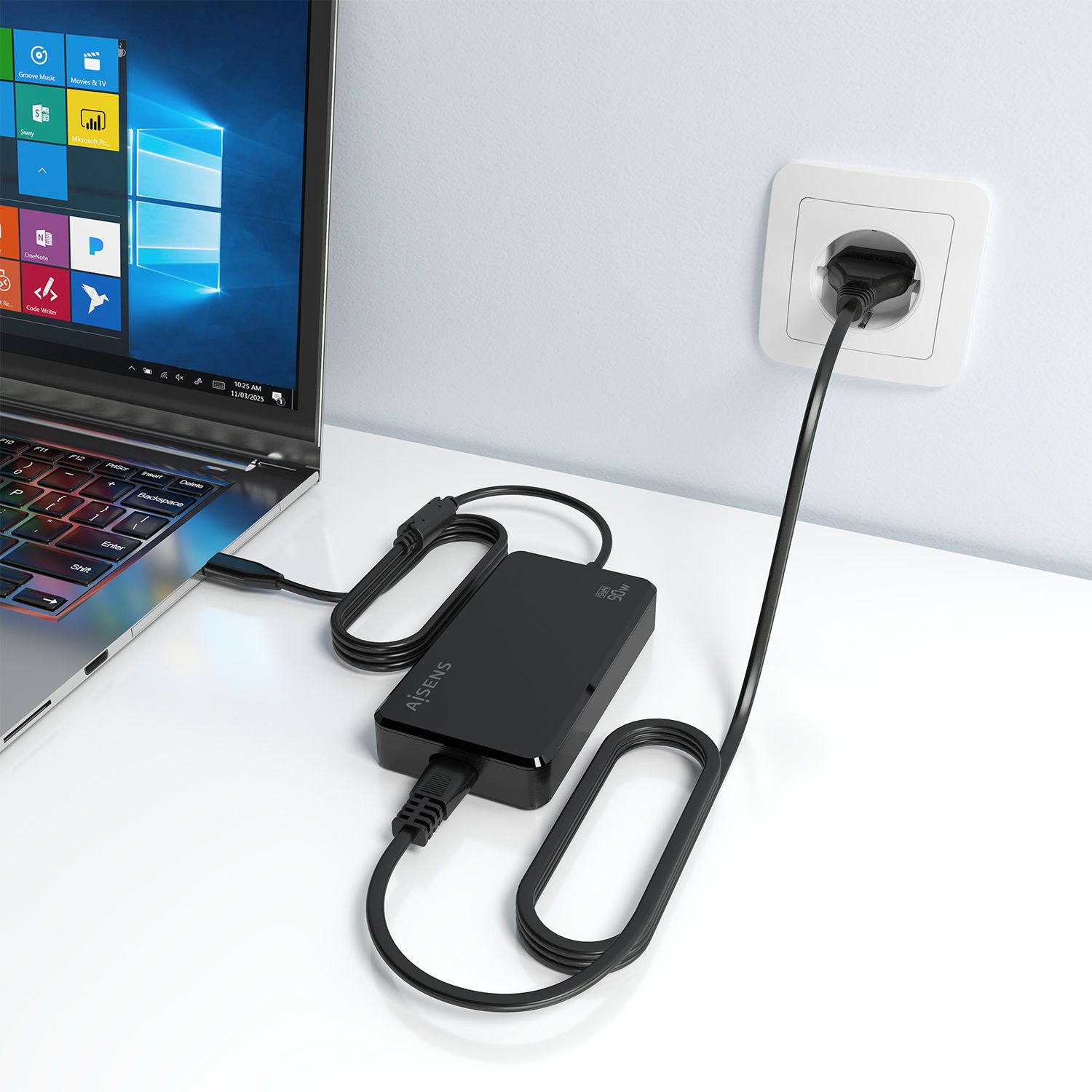 ASCH-1PD90D069-BK - Cargador Sobremesa Aisens GaN 90W PD3.0 1xUsb-C, cable DC 1.8m, Negro (ASCH-1PD90D069-BK)